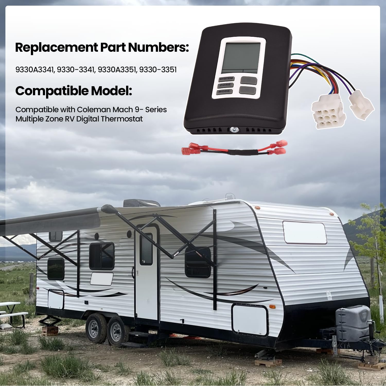 9330A3341 Digital Thermostat 12V Compatible with Coleman Mach 9- Series Multiple Zone RV Digital Thermostat, Hot/Cool Temperature Control Wall Mount, for RVs Black 9330A3351