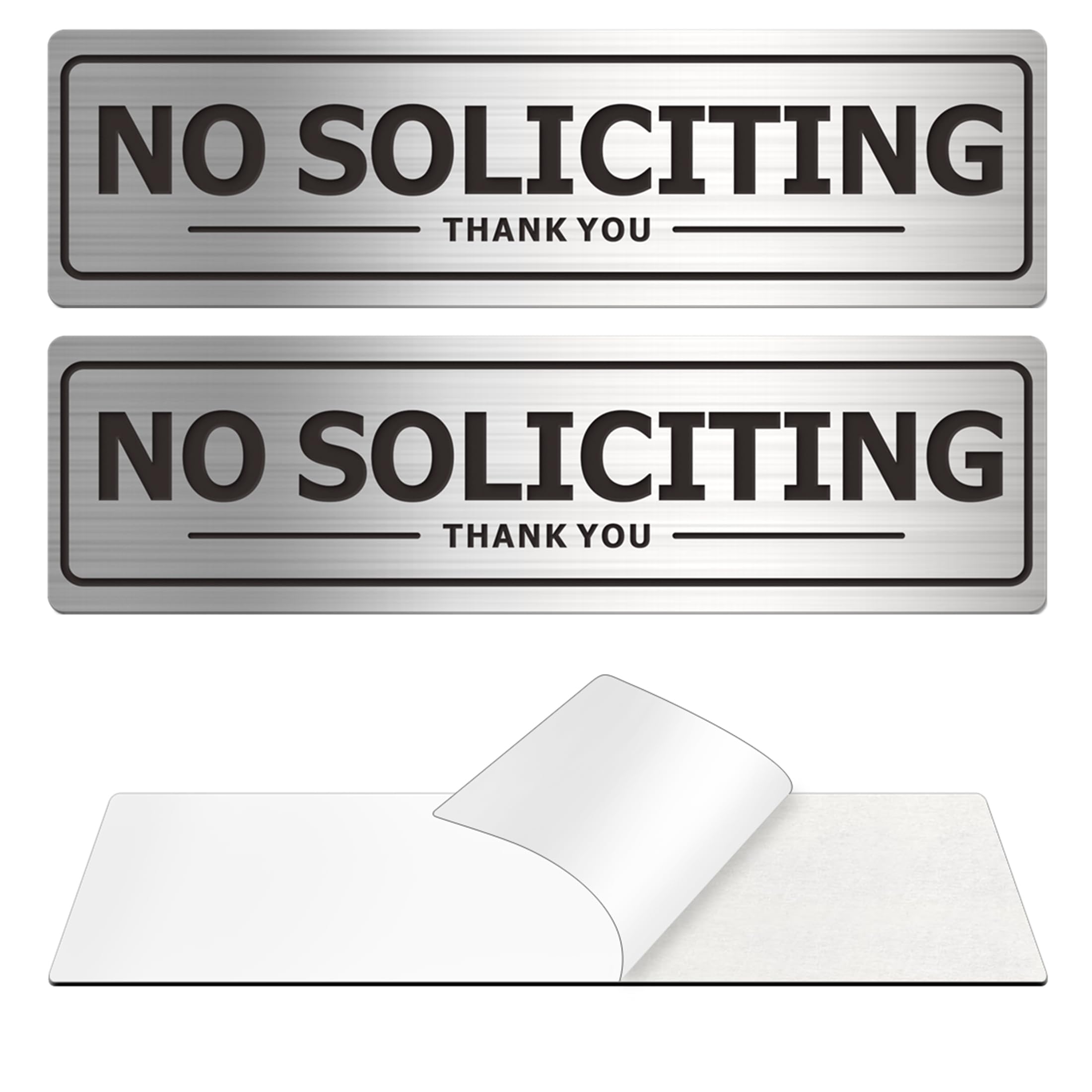 No Soliciting Sign - Door Signs for House Business and Office Wall - Aluminum Metal with Strong Self Adhesive (2 Pack, Silver 7×2 inches)
