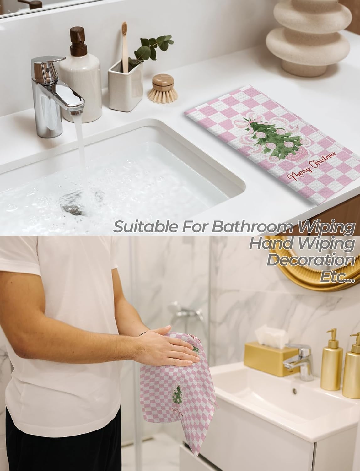 Pink Chinoiserie Christmas Kitchen Towels, Coquette Pink Bow Preppy Christmas Tree Hand Towels for Bathroom, Grandmillennial Checkered Xmas Dish Tea Towel for Kitchen Decor, 16x24 Inch - Image 6