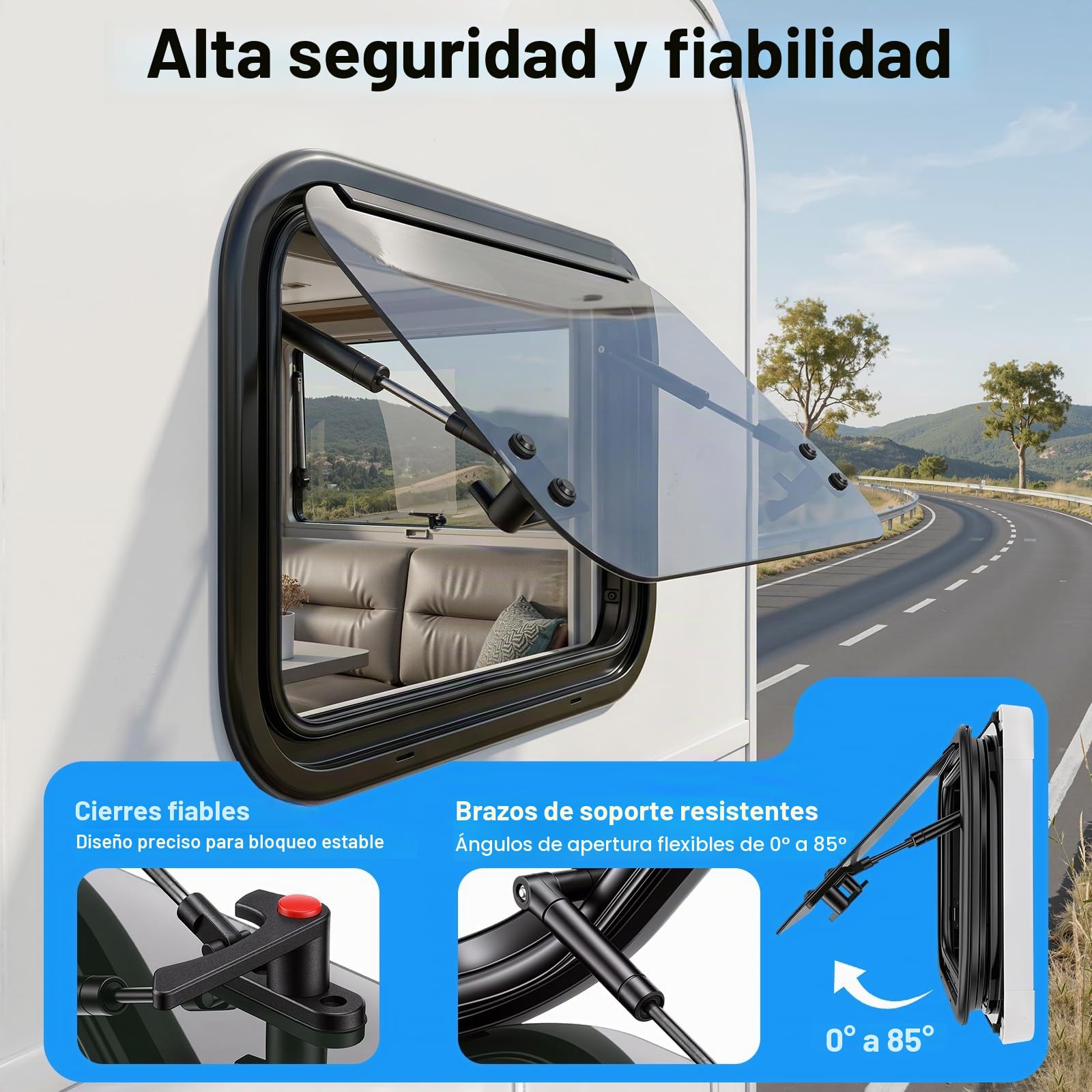 Ventana lateral de caravana negra, ventana para autocaravana con pantalla y parasol solar, transmitancia luminosa del 18%, ángulo de apertura de 0-85°, para autocaravanas, caravanas, autocaravanas