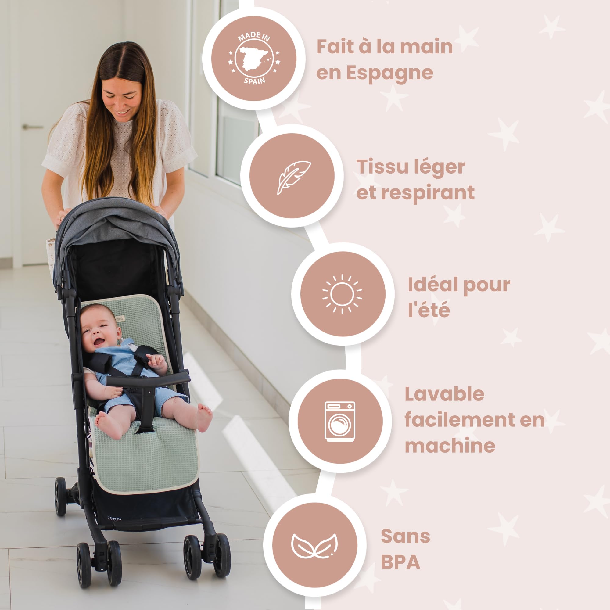 MIMUSELINA Matelas Poussette Bébé 100% Coton OEKO-TEX | Housse de Siège Bébé Été et Hiver 34 × 84 cm | Coussin de Poussette Universel Respirant et Lavable | Fait au Portugal