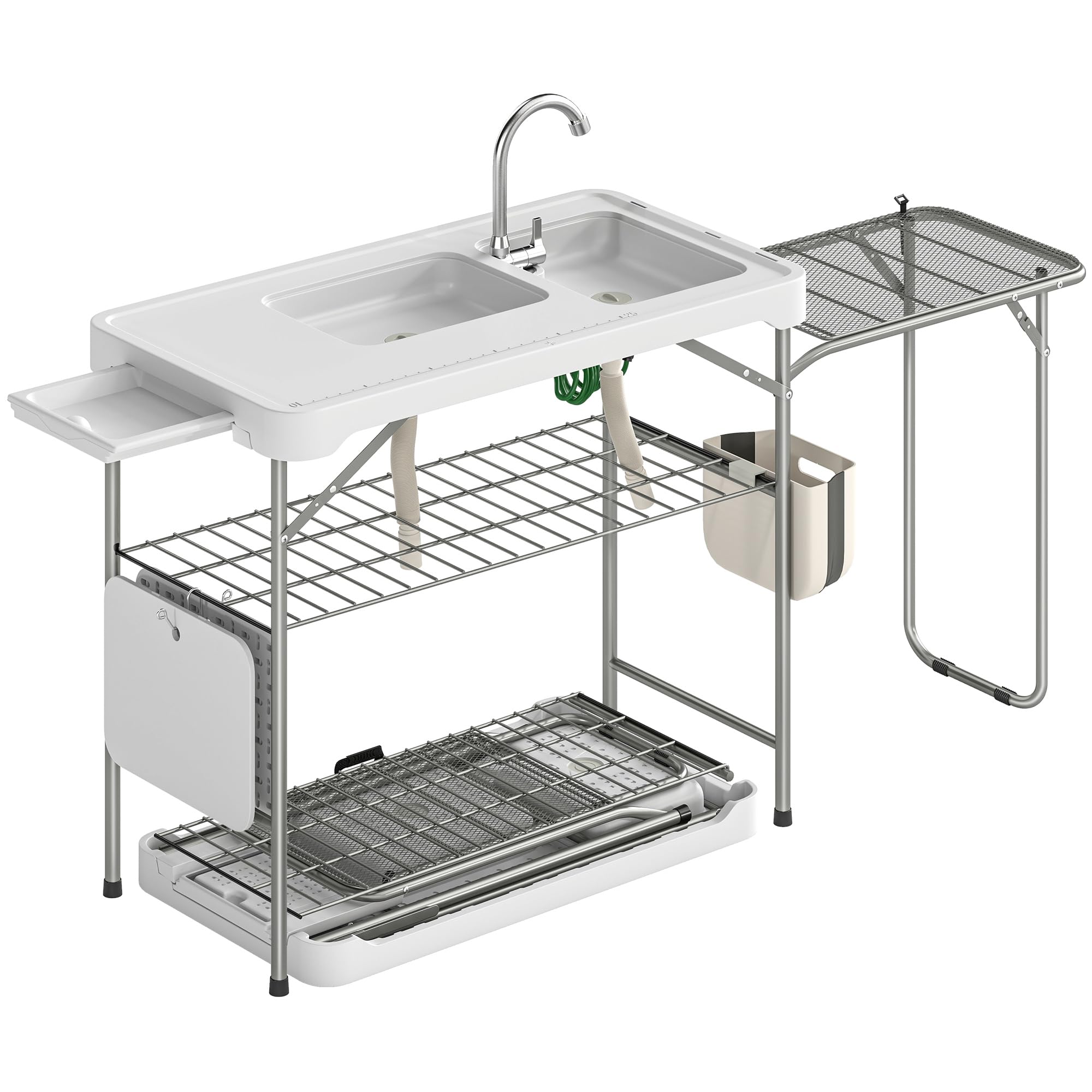 Outsunny Table de Nettoyage Portable pour Poisson, Table Pliante de Camping avec 2 éviers, Robinet, Tuyau, étagère latérale, Grille, tiroir, Panier, règle, rainures, Station de Nettoyage pour la