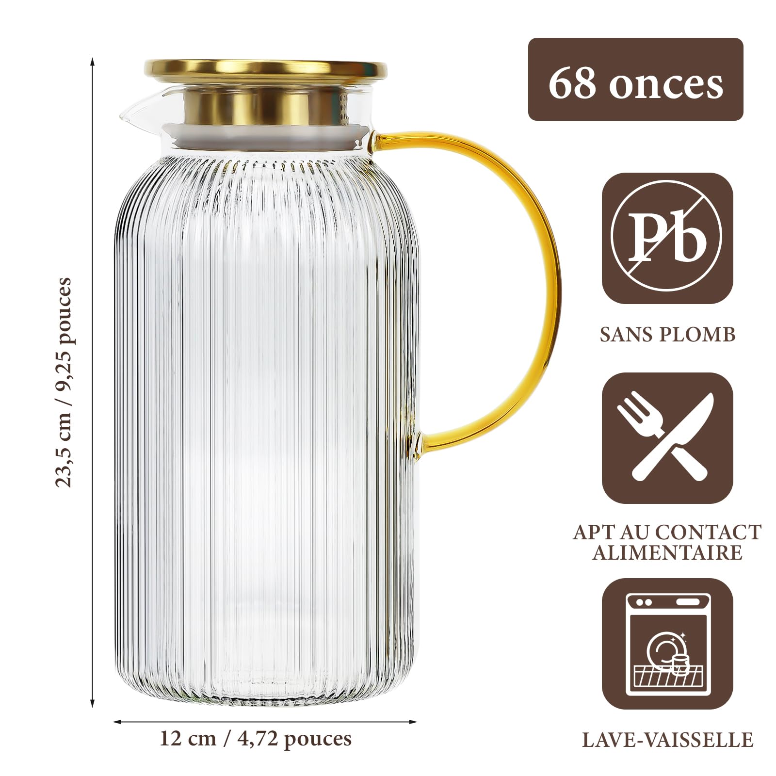 Lot de 2 Carafes en Verre Borosilicate Nervuré, 2 L avec Couvercles