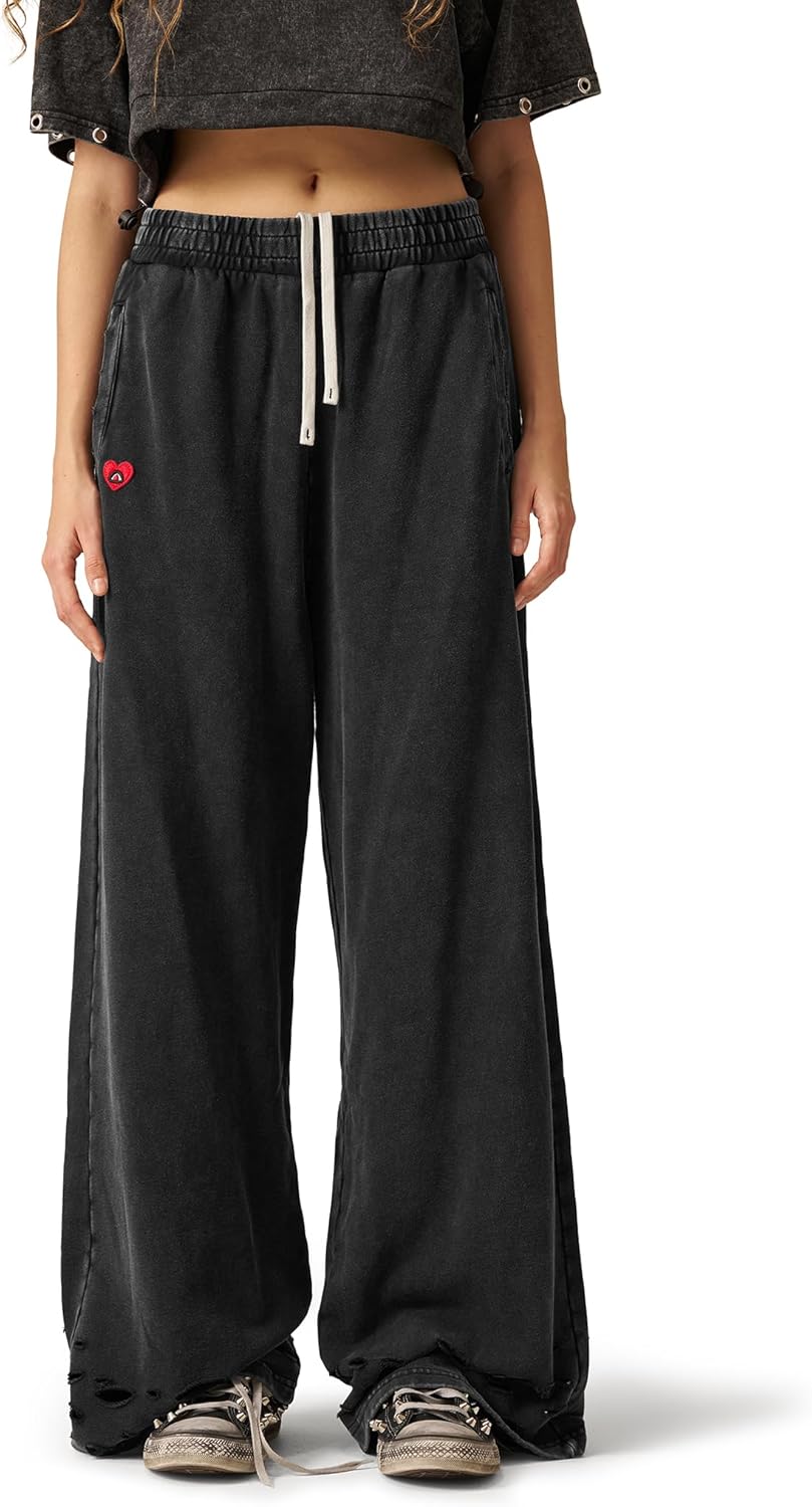Aelfric Eden Distressed Baggy Sweatpants Streetwear Barrel Pants Loose Wide Leg Elastic Drawstring Trousers Unisex
