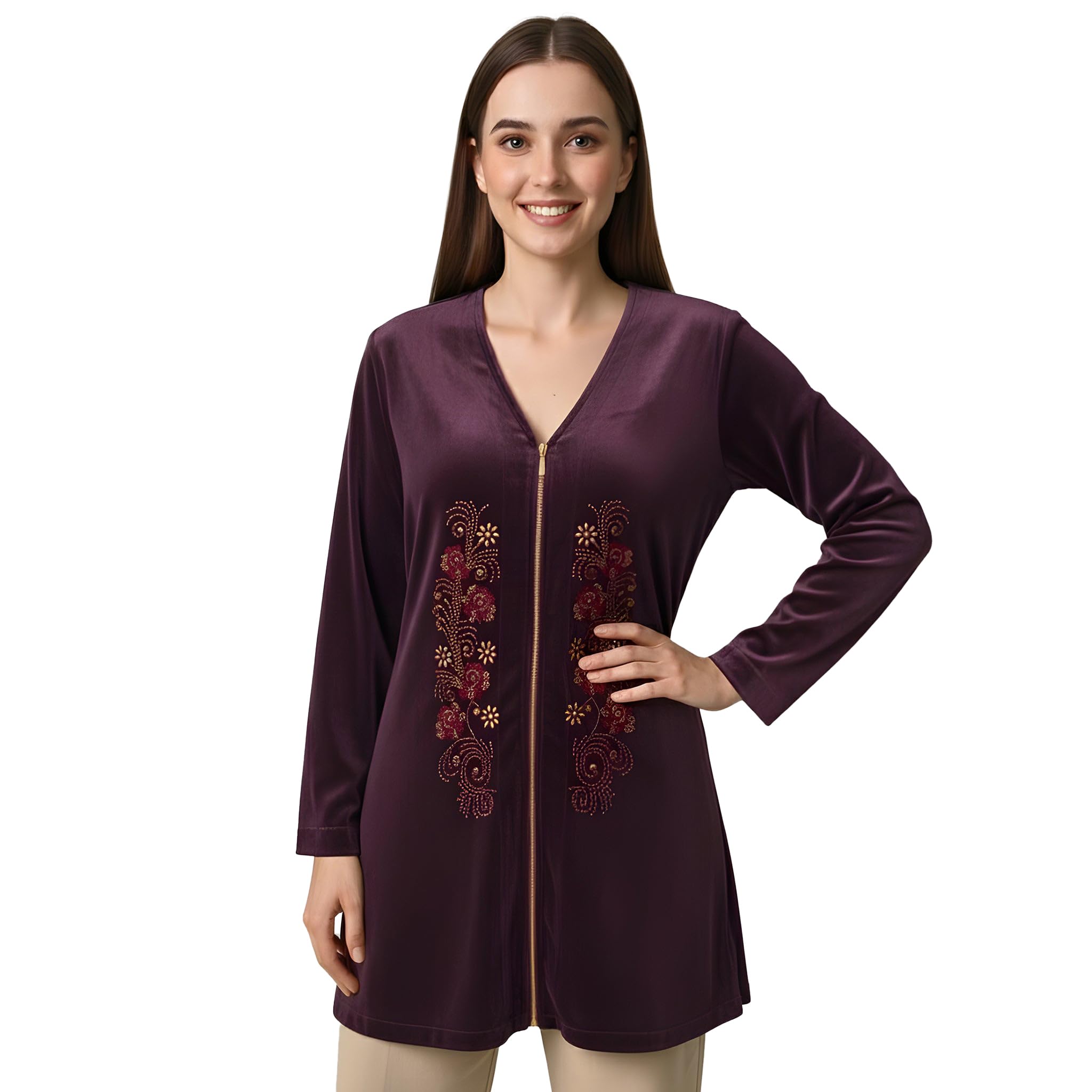 first resort Plum Grey Jacket with Front Embellishments Velvet Top-picture-26