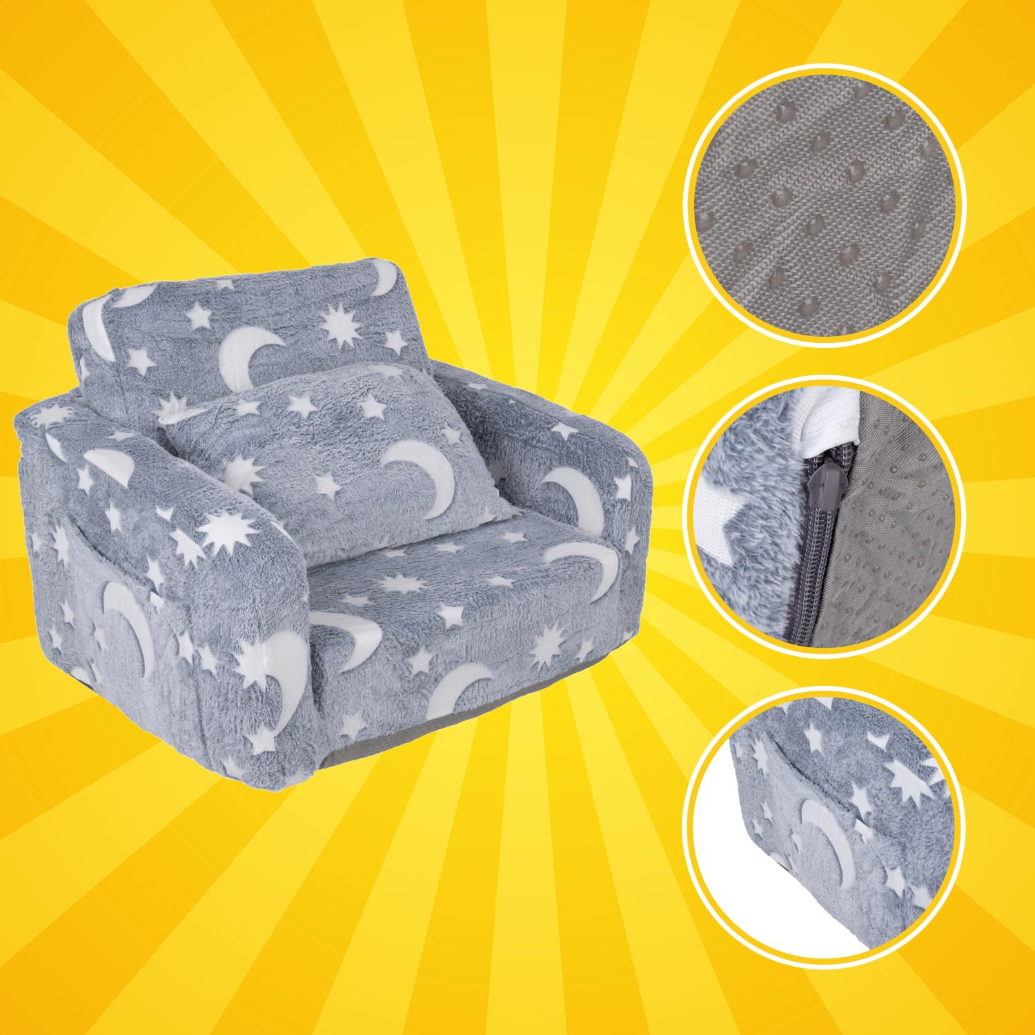 KRUZZEL Poltrona pieghevole per bambini 2 in 1 – Divano pieghevole in peluche con funzione sdraiata e borsa – Leggero, rivestimento rimovibile, fondo antiscivolo – Per ragazze e ragazzi, cameretta dei