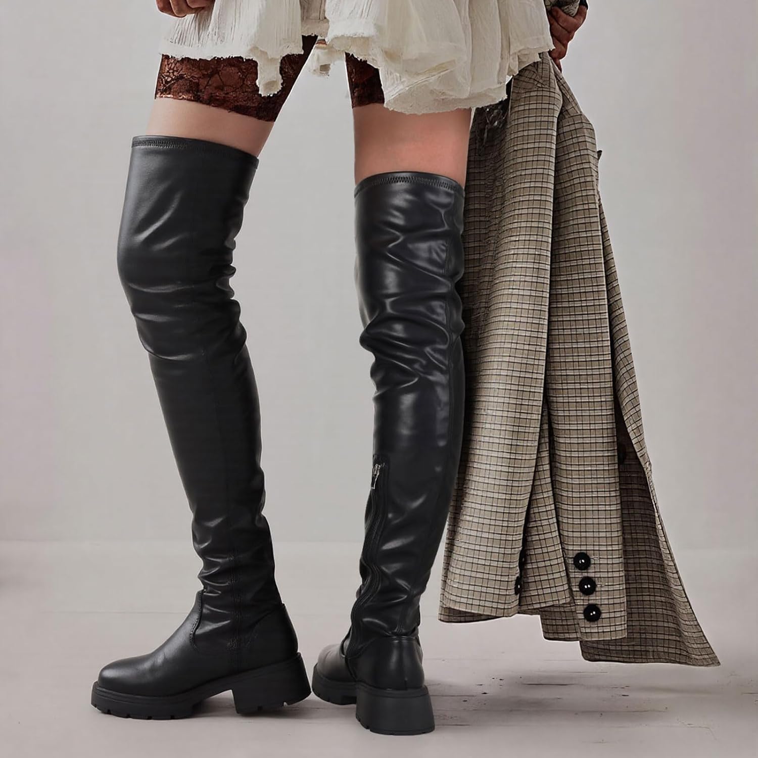 AOSPHIRAYLIAN Womens Over The Knee High Boots Chunky Heel Slip On Faux Leather Riding Surgical Stretch Thigh High Boots - Image 3