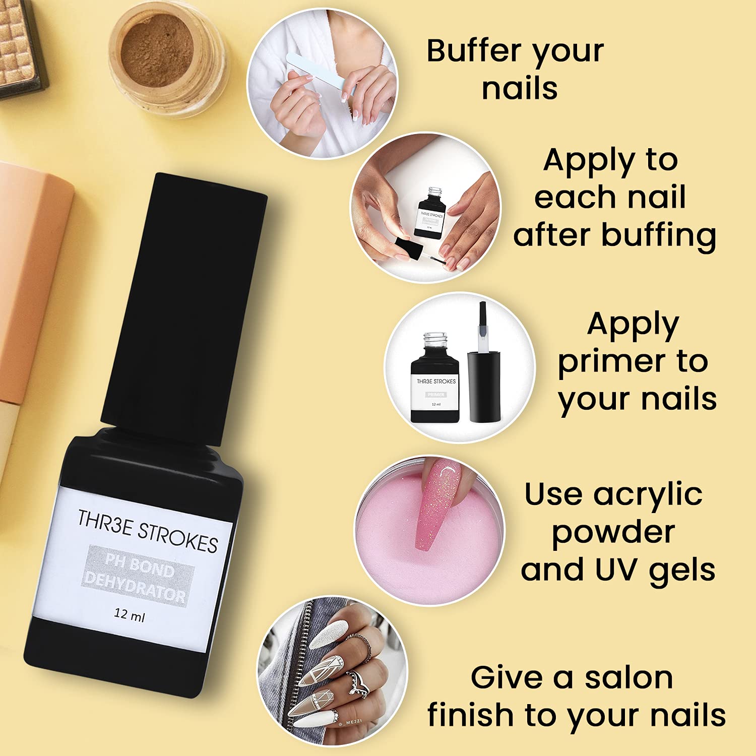 THR3E STROKES Nail Prep Dehydrator, Bonding Primer for Gel Polish Acrylic Powder, Nails Protein Bond Acid-Free Fast Air-Dry, Base Varnish Manicure Bonder Liquid 12ML 1