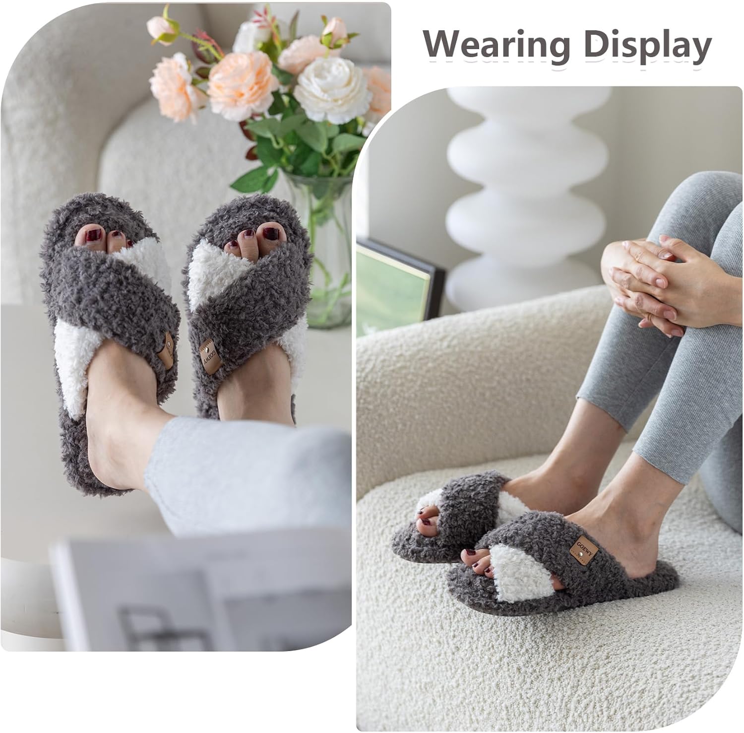 Fuzzy Open Toe Slippers for Women Indoor and Outdoor with Memory Foam Cozy Cross Band Women's Slipper Cute Soft House Shoes Slip On Gifts for Womens Mom Her Ladies Bridesmaid - Image 2
