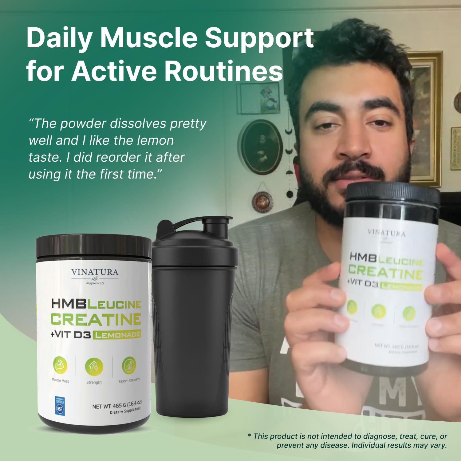 VINATURA HMB Creatine Leucine Powder - 5g Creatine Monohydrate, 3g HMB Supplement, 3g L-Leucine - Vitamin D3, Vegan Lemonade Flavor, Muscle & Strength Support - 30 Servings