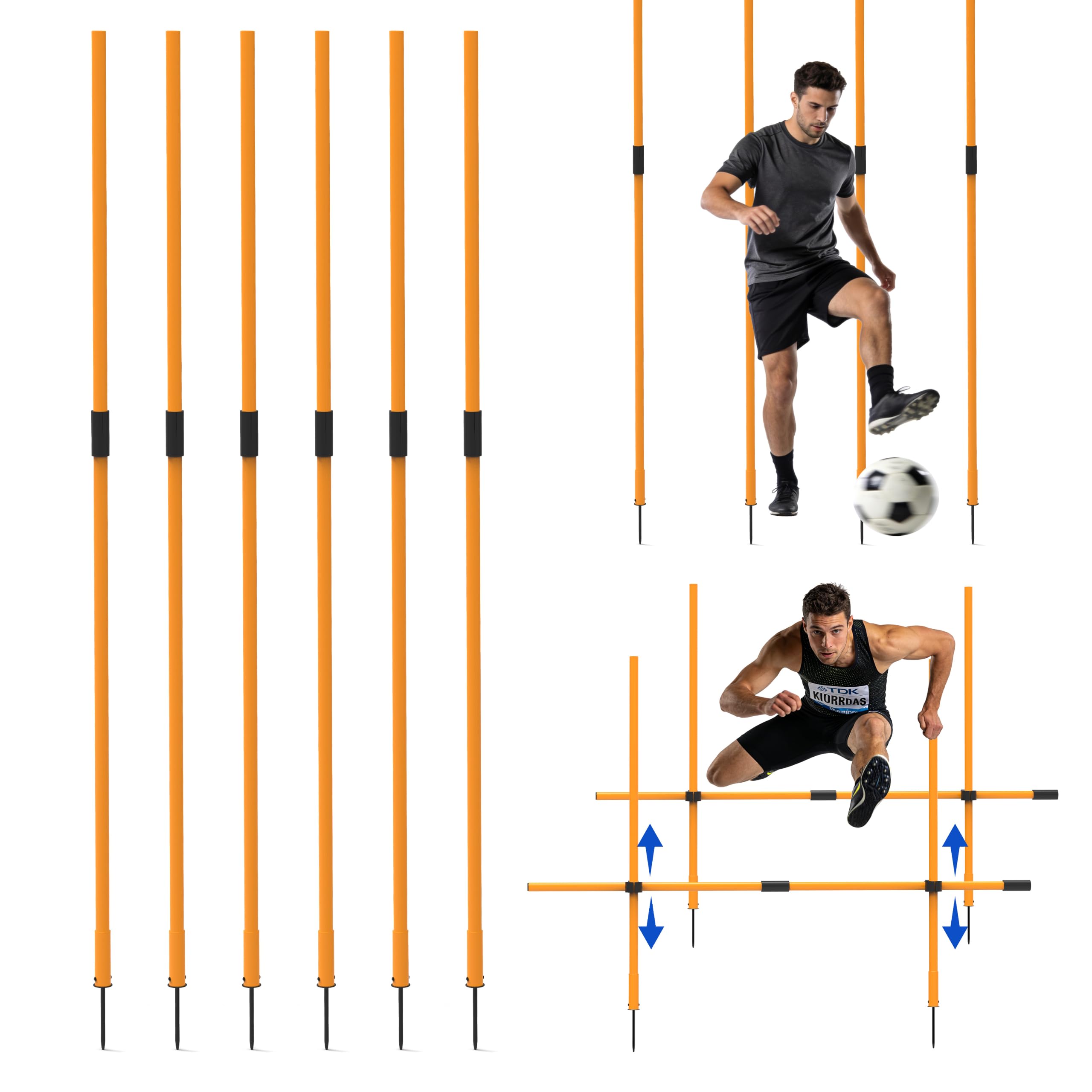 Hikeen Pali per Allenamento di Agilità, 6 Pezzi da 180 cm, Pali da Calcio Regolabili e Staccabili, Attrezzatura Sportiva per Allenamento velocità, Ostacoli e Footwork per Adulti e Giovani