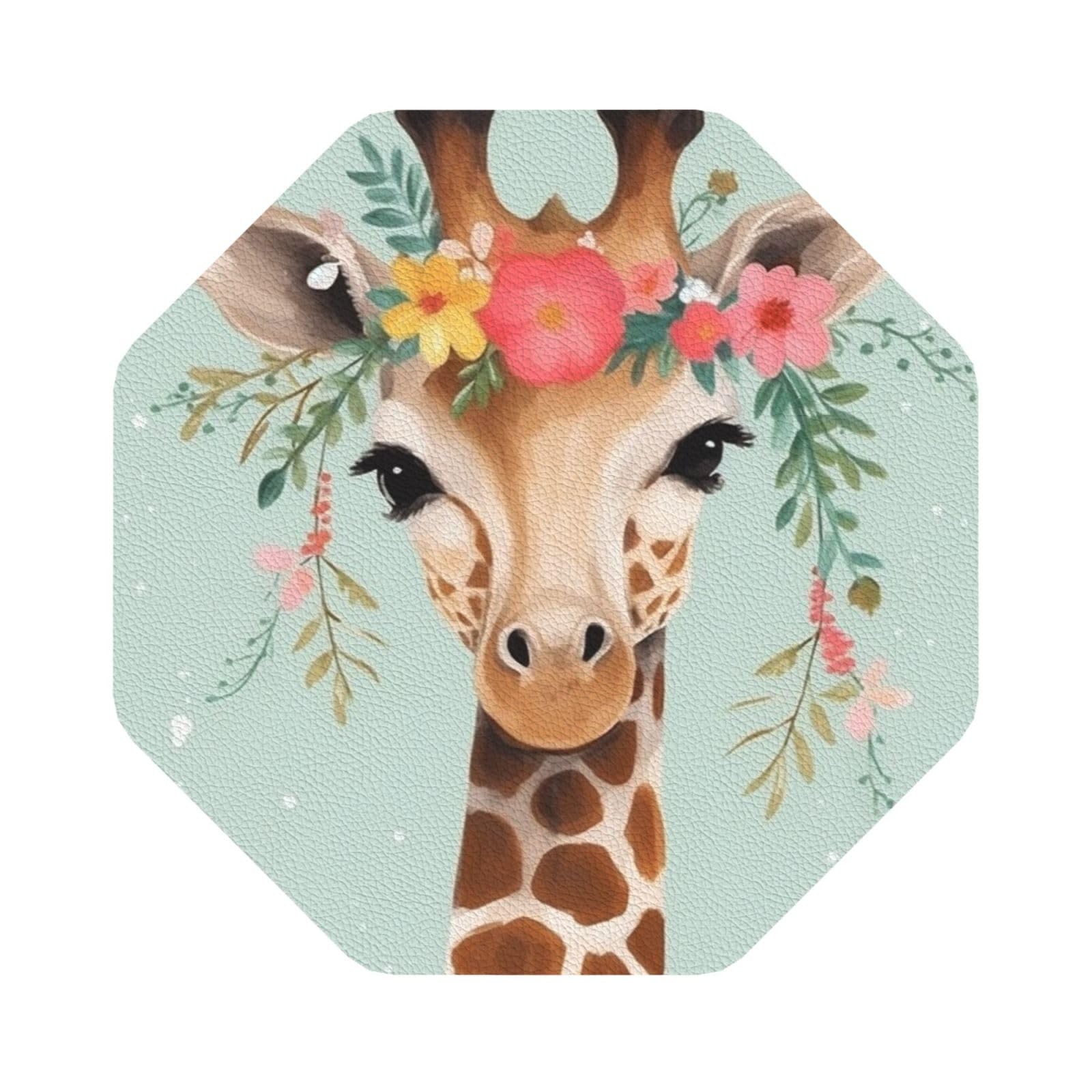 Fodpand Octagon Giraffe With Floral Drink Coasters Set Of 4, Heat Resistant Leather Coasters Fuuny Bar Beer Beverage Coaster For Drinks, Absorbent Cup Mat For Tabletop Protection, Housewarming Gift