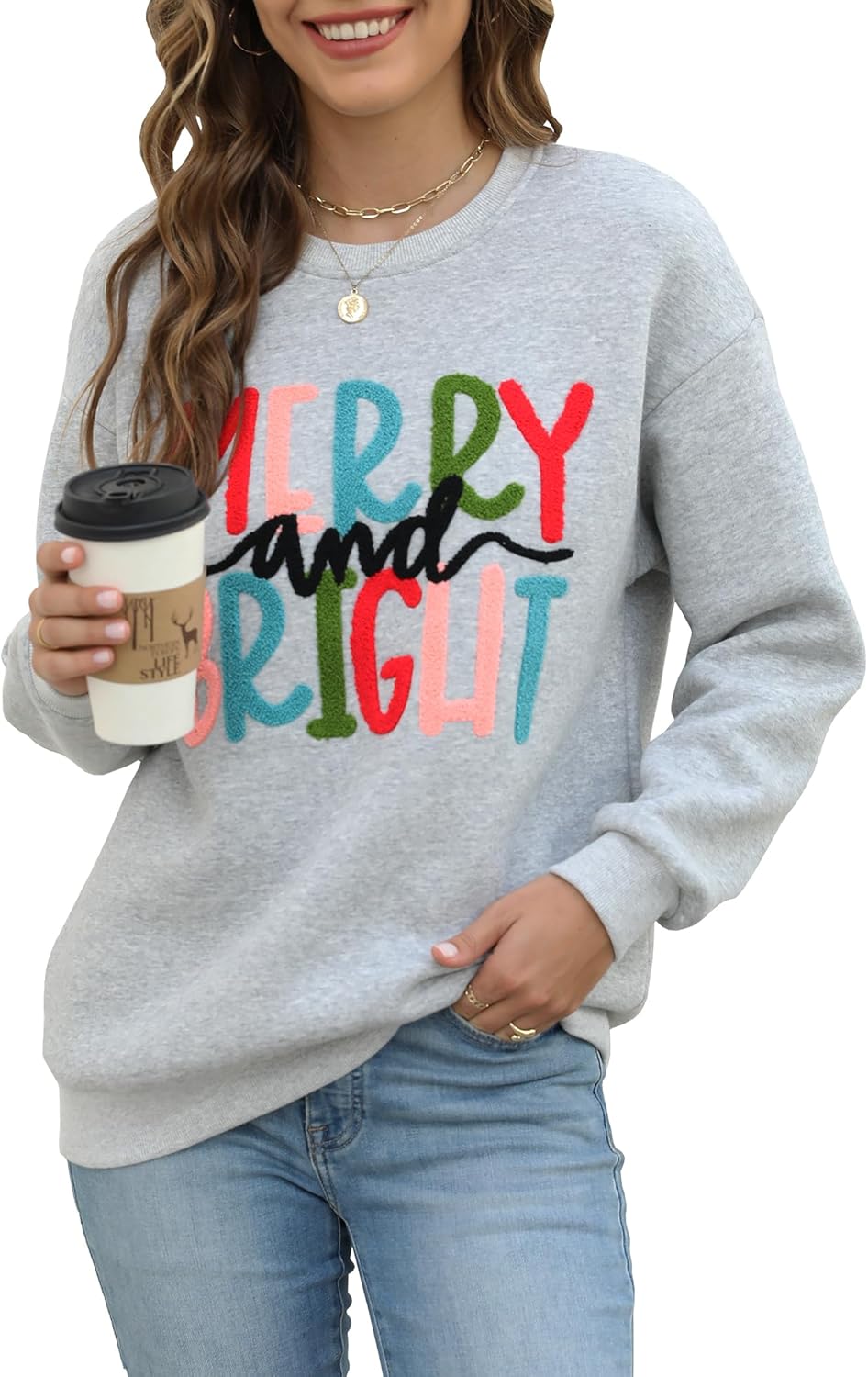 Samring Christmas Sweatshirts for Women Oversized Crewneck Long Sleeve Letter Graphic Merry Pullover Top