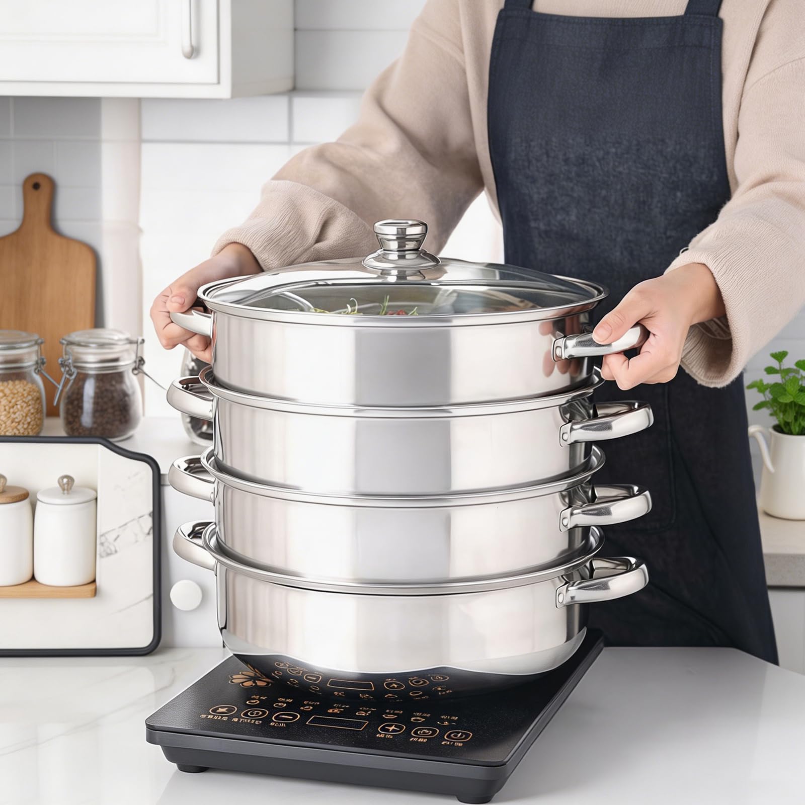 Vaporera para cocinar al vapor, 28 cm, acero inoxidable con inserto de vapor, 3/4 niveles con tapa para cocinar verduras, sopas, mariscos, guisos y pasta (cuatro)