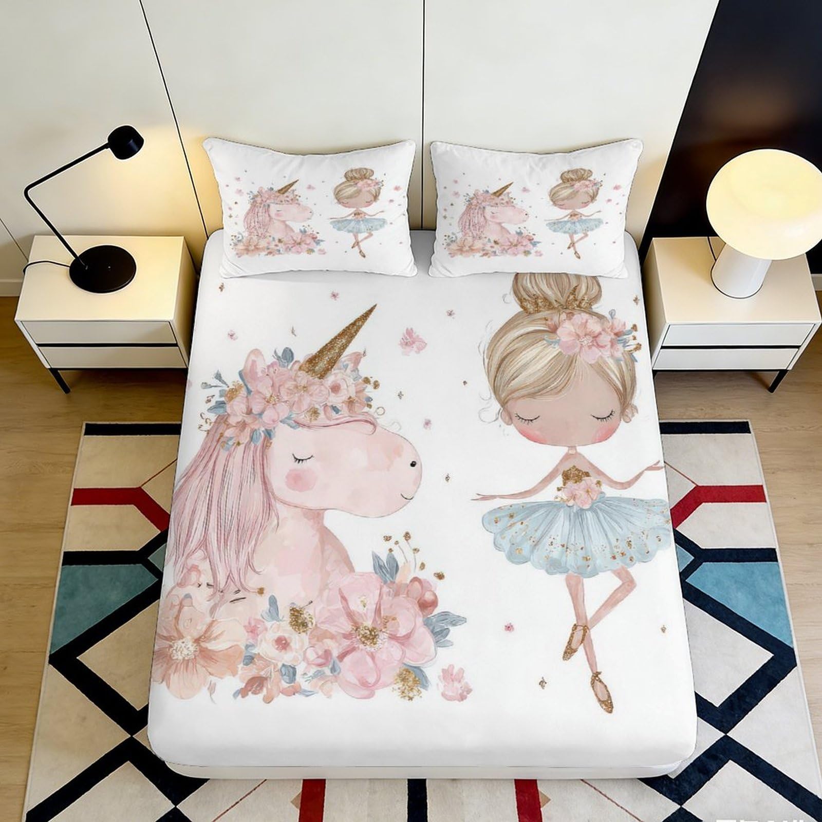 3D Printed Unicorn Ballerina Fitted Sheet Microfiber Deep Pocket Non-Slip Unicorn Ballerina Mattress Fitted Cover Washable for Bedroom Teen 180x200x25cm