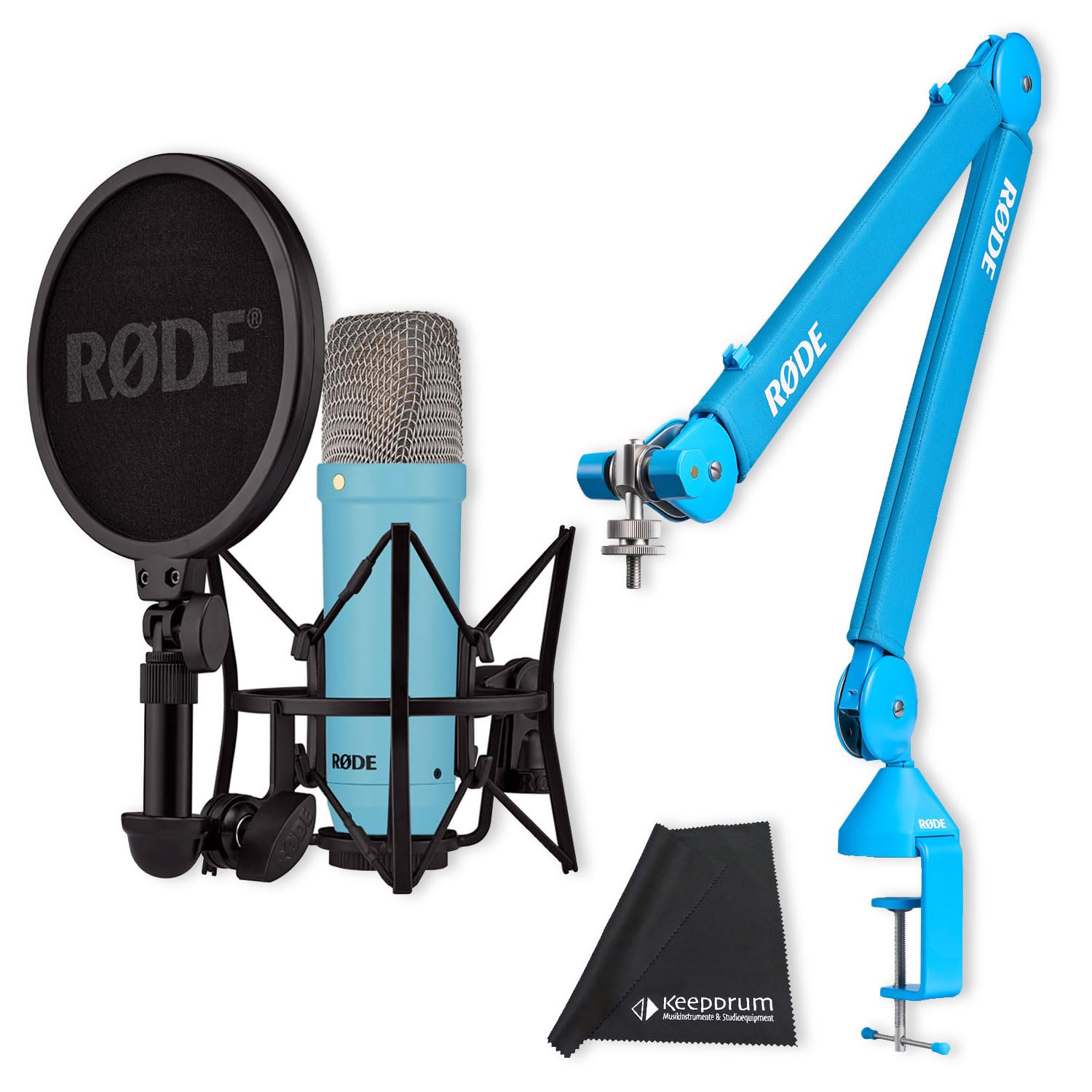 Rode NT1 Signature Studio-Mikrofon Blau mit PSA1+ Gelenkarm-Stativ Blau und keepdrum Mikrofasertuch