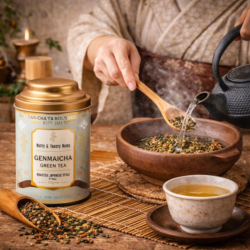 Sancha Tea Boutique, Tè verde Genmaicha, tè popcorn, riso tostato, tè verde, aroma tostato, tè verde in stile giapponese, tè importato