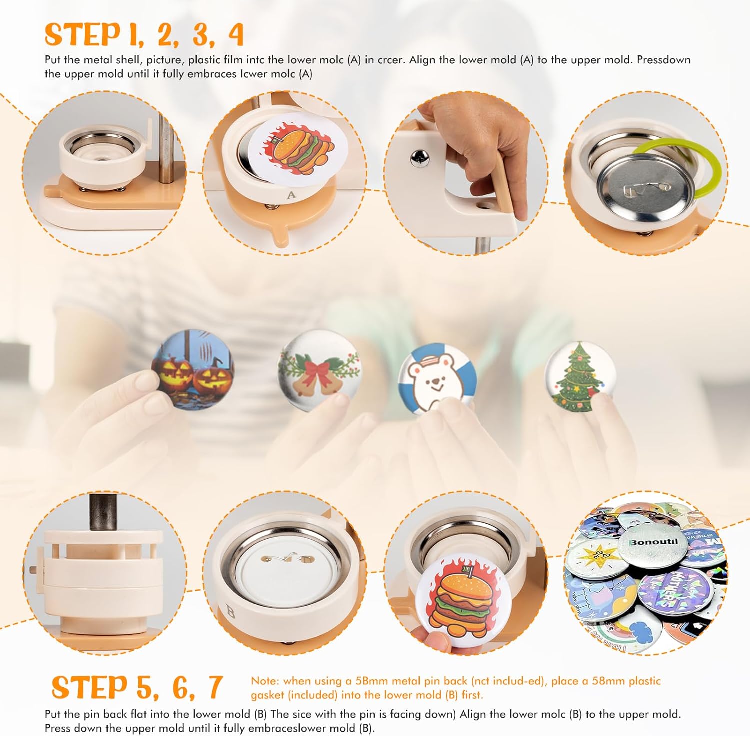 200Pcs Button Maker Supplies, 25mm 32mm 58mm Button Supplies Badge Part with Metal Back Cover, Metal Shells, Transparent Film (58mm/2.25in)