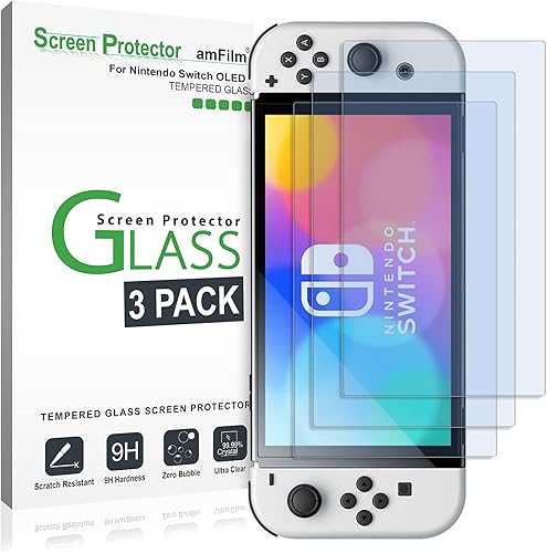 amFilm Protector de pantalla de vidrio templado compatible con Nintendo Switch OLED modelo 2021 (paquete de 3)