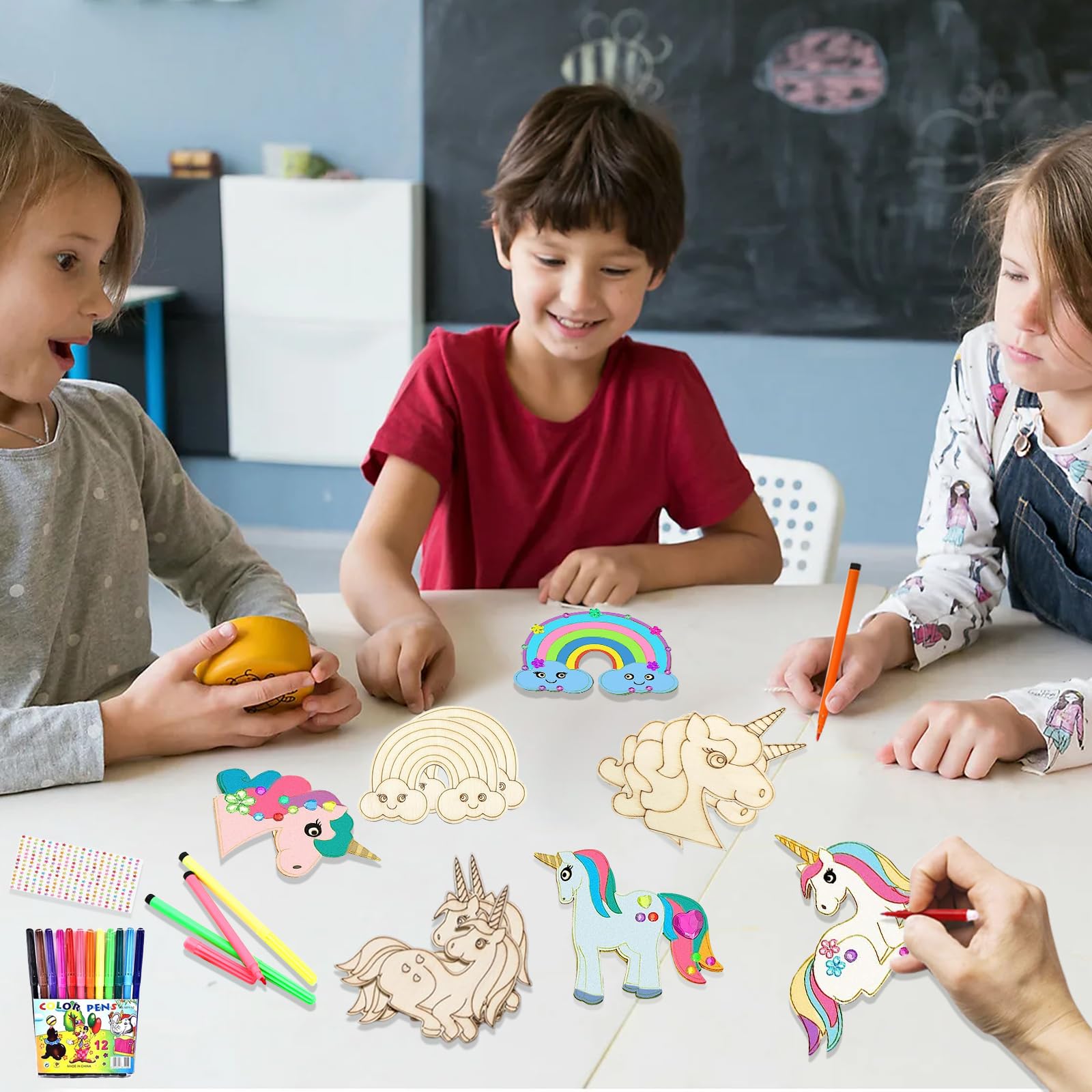 Kit DIY Licorne En Bois - 40 Pièces à Peindre Et Décorer | Avec Pinceaux, Autocollants Paillettes | Activité Manuelle Enfants