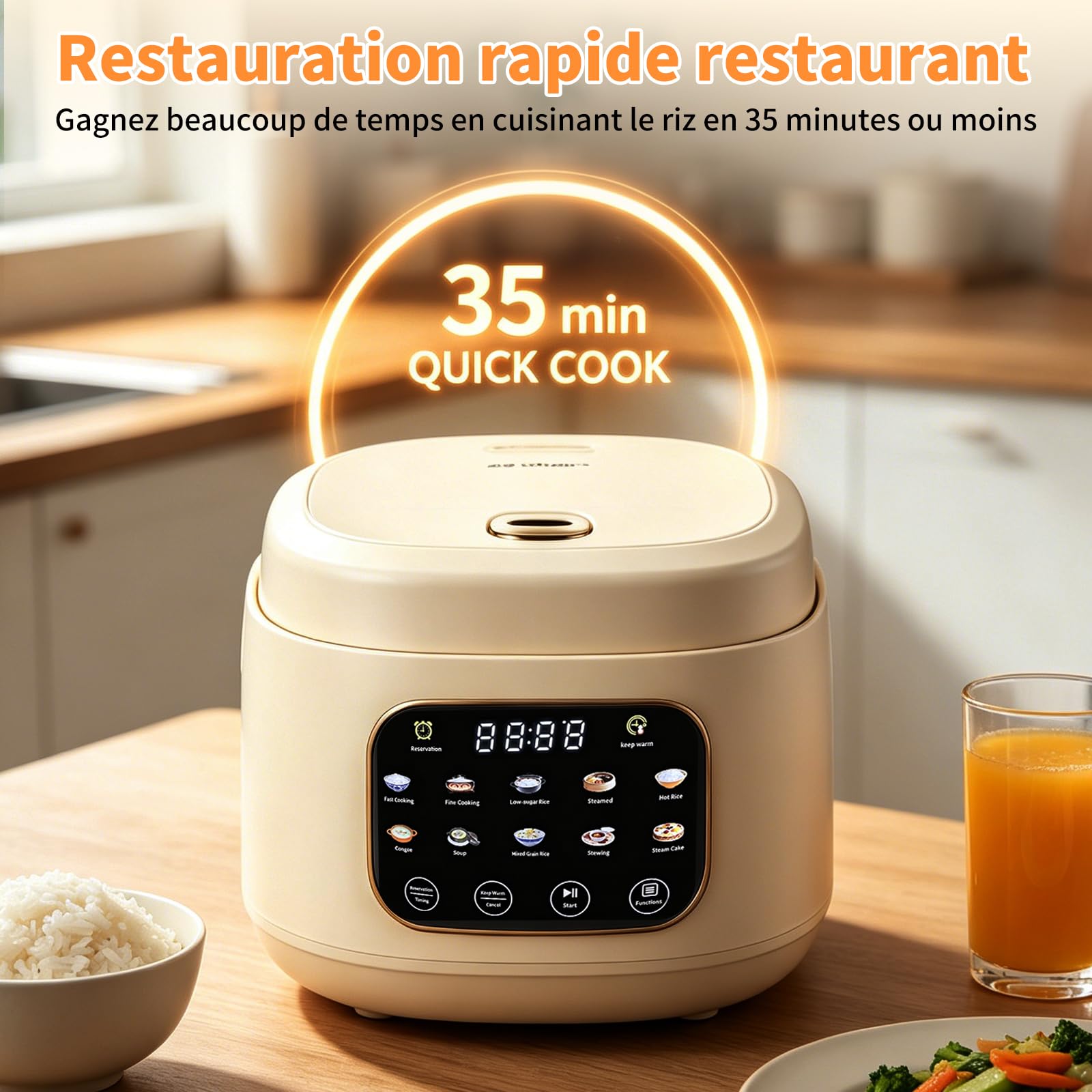 Cuiseurs à Riz, 3L Riz Cooker avec Fonction Riz à Faible Teneur en Sucre Electric Mini Rice Cooker 10 Programmes avec Bol en Céramique pour 2-8 Personnes