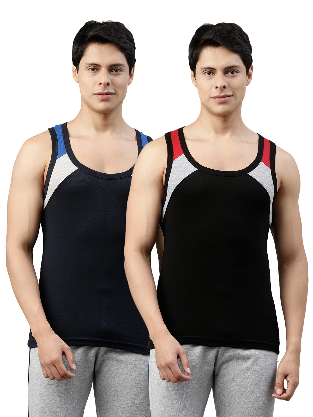 Originals Men's Cut & Sew Color Block On Shoulder Durable & Comfortable Squared Neck Sleeveless Regular Fit Tank Fit 100% Combed Cotton Gym Vest Innerwear (Pack of 2)-image-5