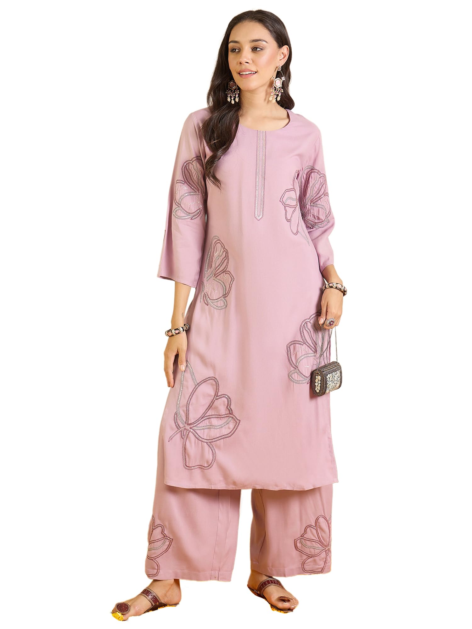 Women's Viscose Rayon Floral Embroidered Calf Length Straight Kurta & Palazzos Set (IESTR11599)
