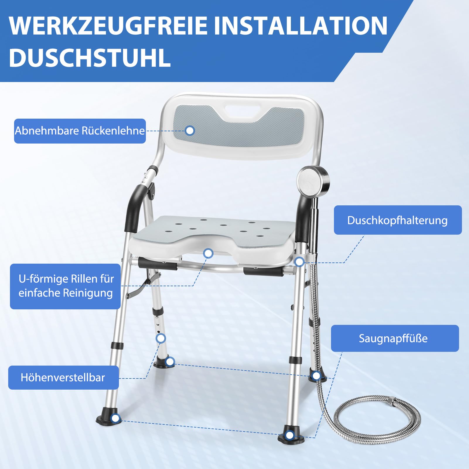 DEWEL Duschstuhl für Senioren, Duschstuhl Klappbar mit Rückenlehne und Armlehne, 4-Stufige Höhenverstellbarer, mit Duschbrausenhalter - Werkzeugfreie Montage, Tragfähigkeit von 150 kg (Grau)