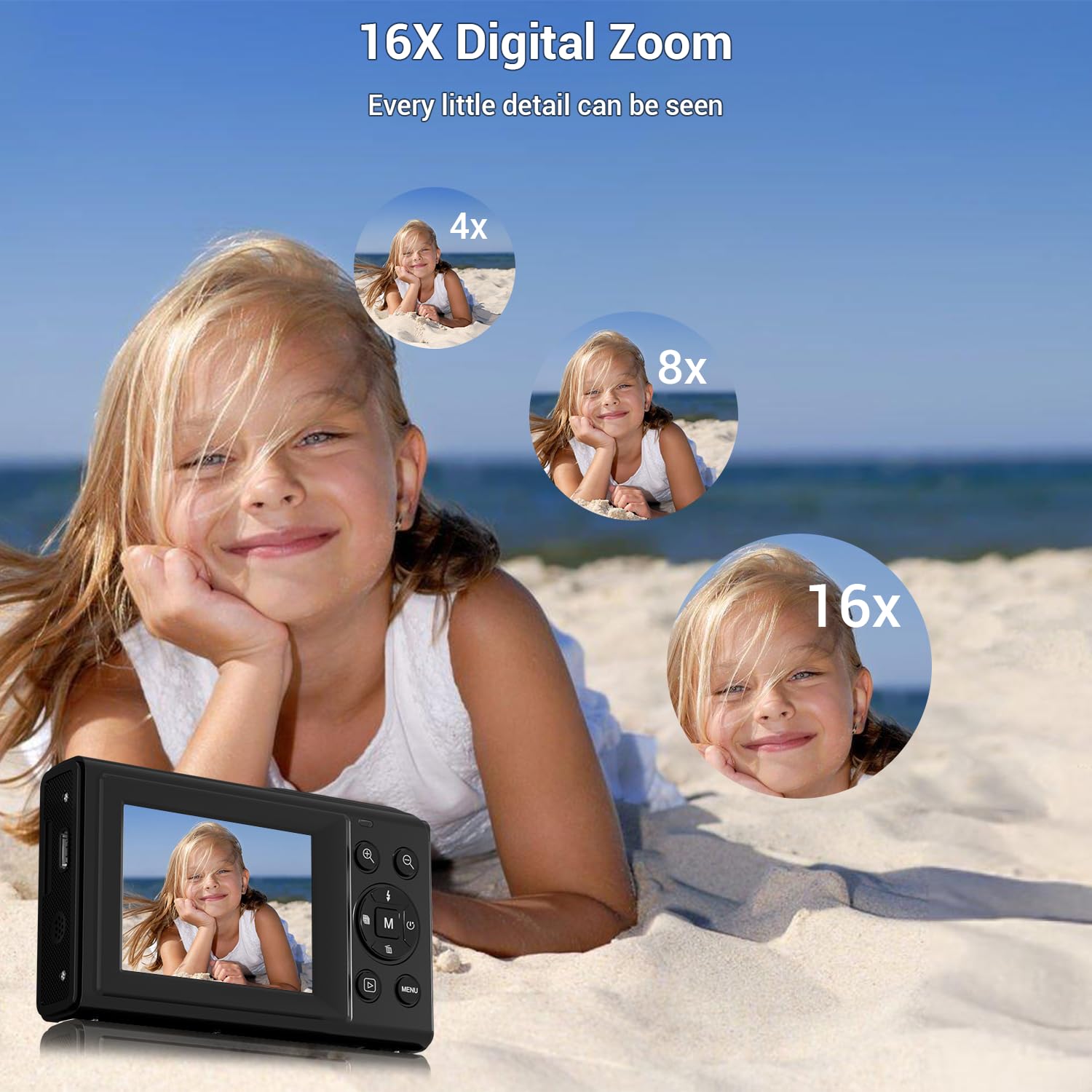 Fotocamera digitale, 4 K 44 MP, autofocus, fotocamera con zoom 16x, LCD da 2,4 pollici, fotocamera compatta portatile per bambini, ragazzi, ragazze, adulti, (nero)