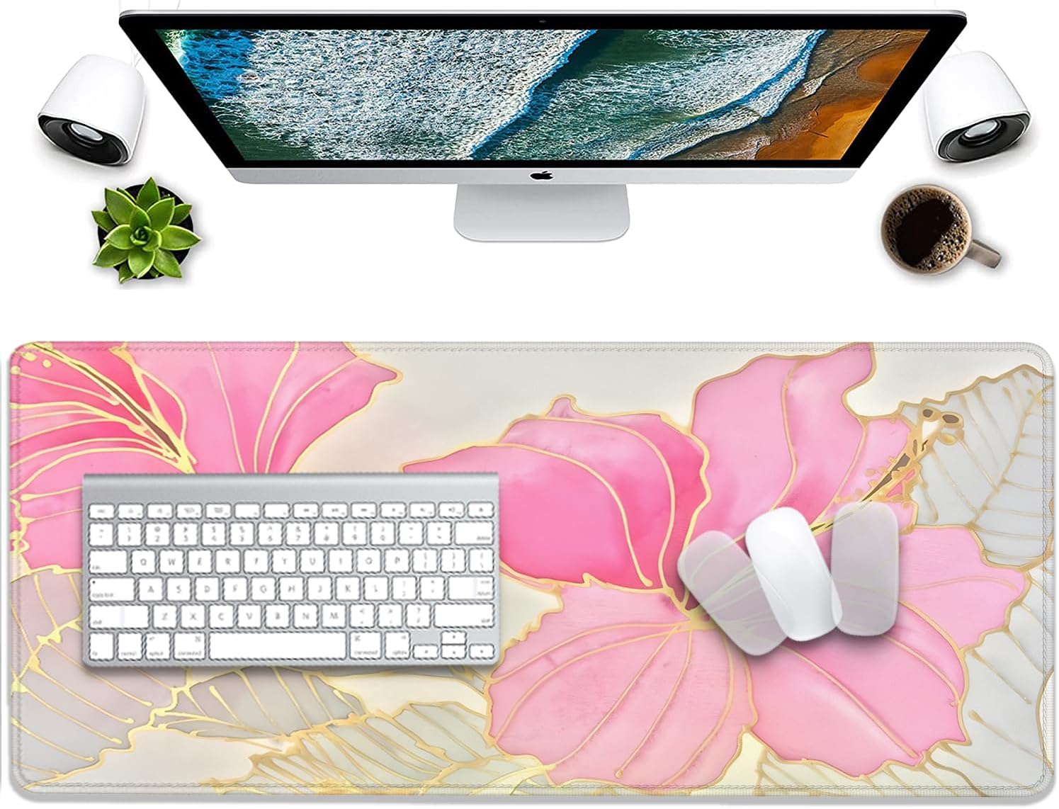 Abstract Floral Mouse Pad Desk Mat,Pink and Gold Extended Gaming Mouse Pad with Stitched Edges,Non-Slip Waterproof Rubber Base for Office,Computer,Keyboard,Laptop and Home Desk Pad(27.5X11.8 in) - Image 6