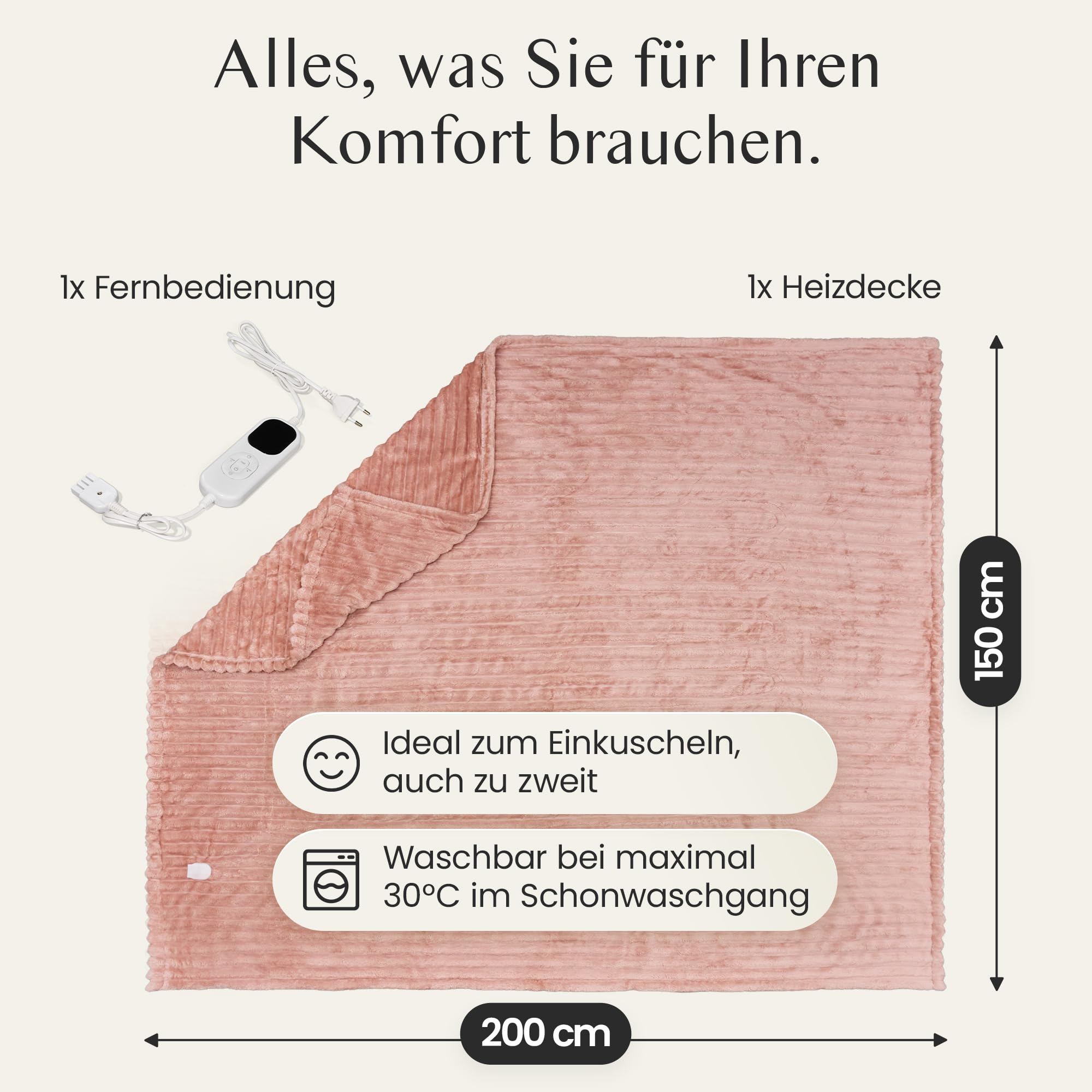 BARBERIO elektrische Heizdecke Wärmedecke staubrosa mit 6 Heizstufen, Timer, Abschaltautomatik, Überhitzungsschutz, LCD, strahlungsfrei, Anti-Milben, flauschig & maschinenwaschbar (150 x 200cm)