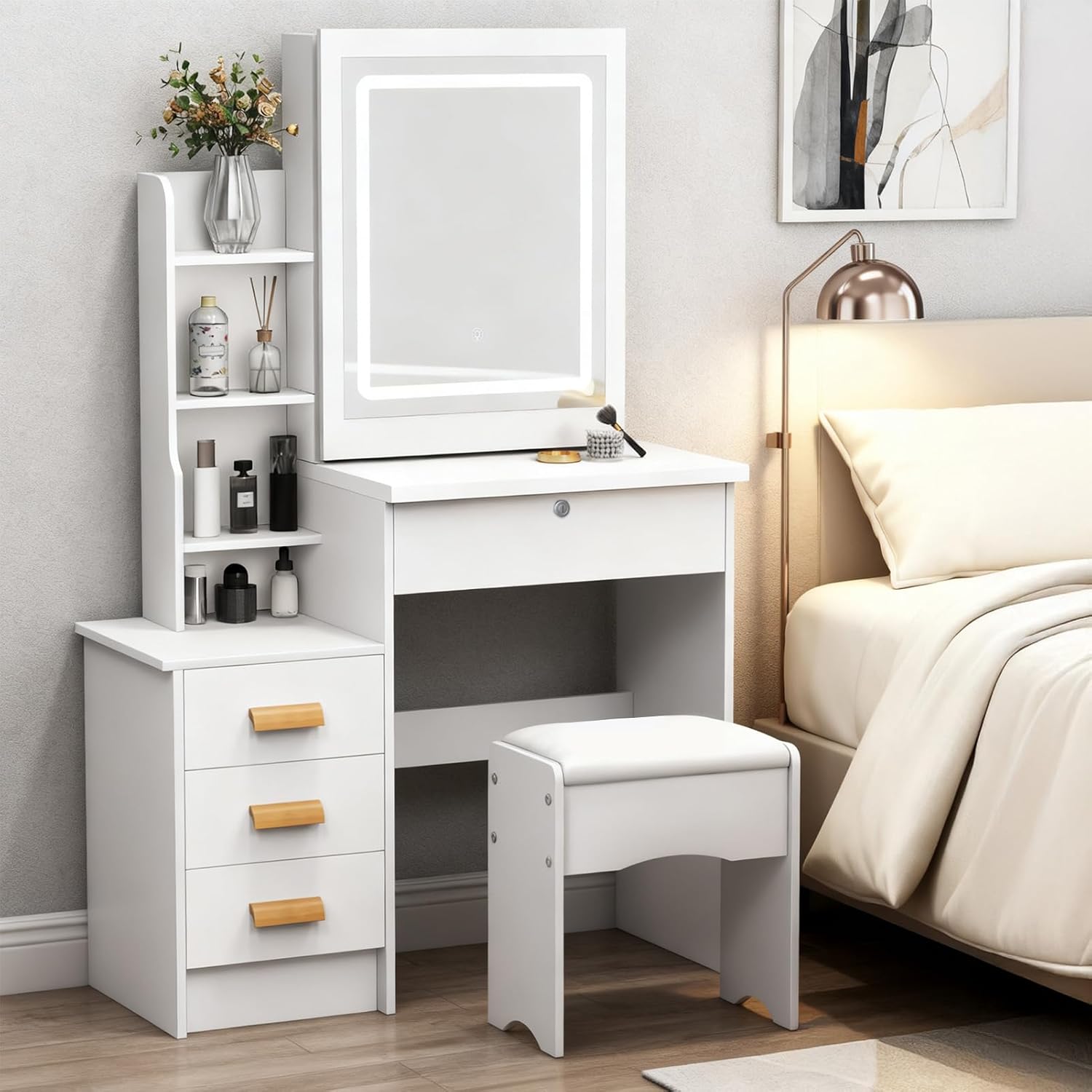 Vanity Desk with Mirror and Lights,Makeup Vanity with Extra Hidden Stroage,Makeup Desk with 4 Drawers 7 Open Shelves,Dressing Table for Bedroom,3 Color Light Modes,Small Vanity Desk（US Fast Arrival）