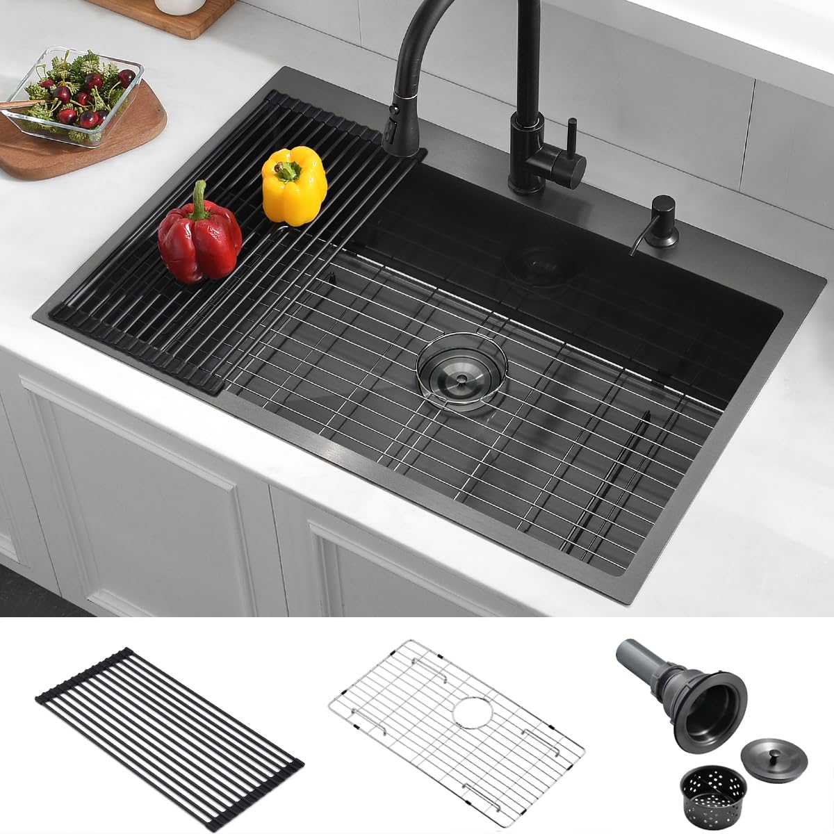 33 Black Drop in Kitchen Sink, Luckyhorse 33x22x10 Inches 16 Gauge Stainless Steel Nano Black Topmount Drop in Kitchen Sink LH003SX
