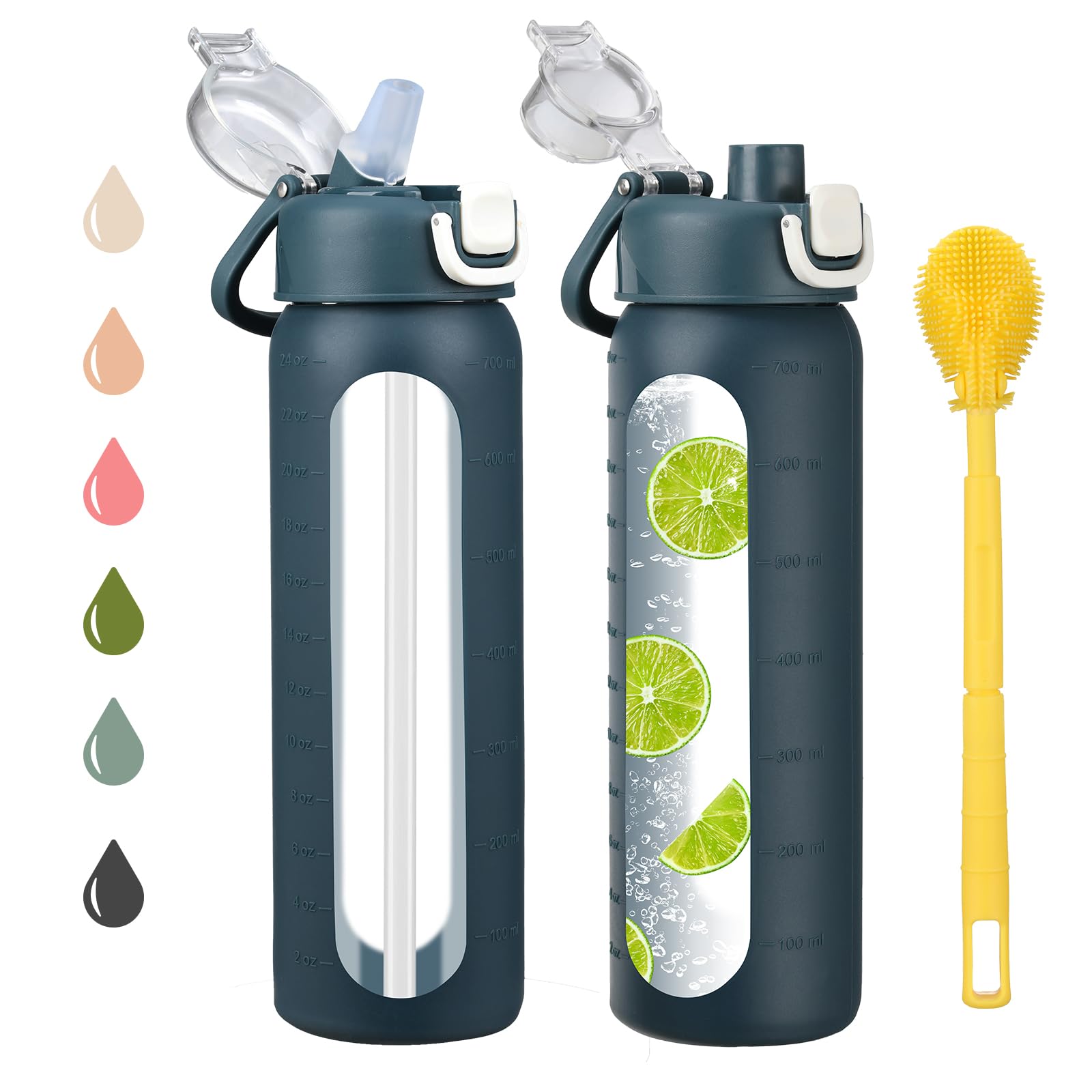 chunmo 24 oz Glass Water Bottles with 2 Lids-Handle Spout Lid & Straw Lid, Motivational Water Bottle with Time Marker and Silicone Sleeve,