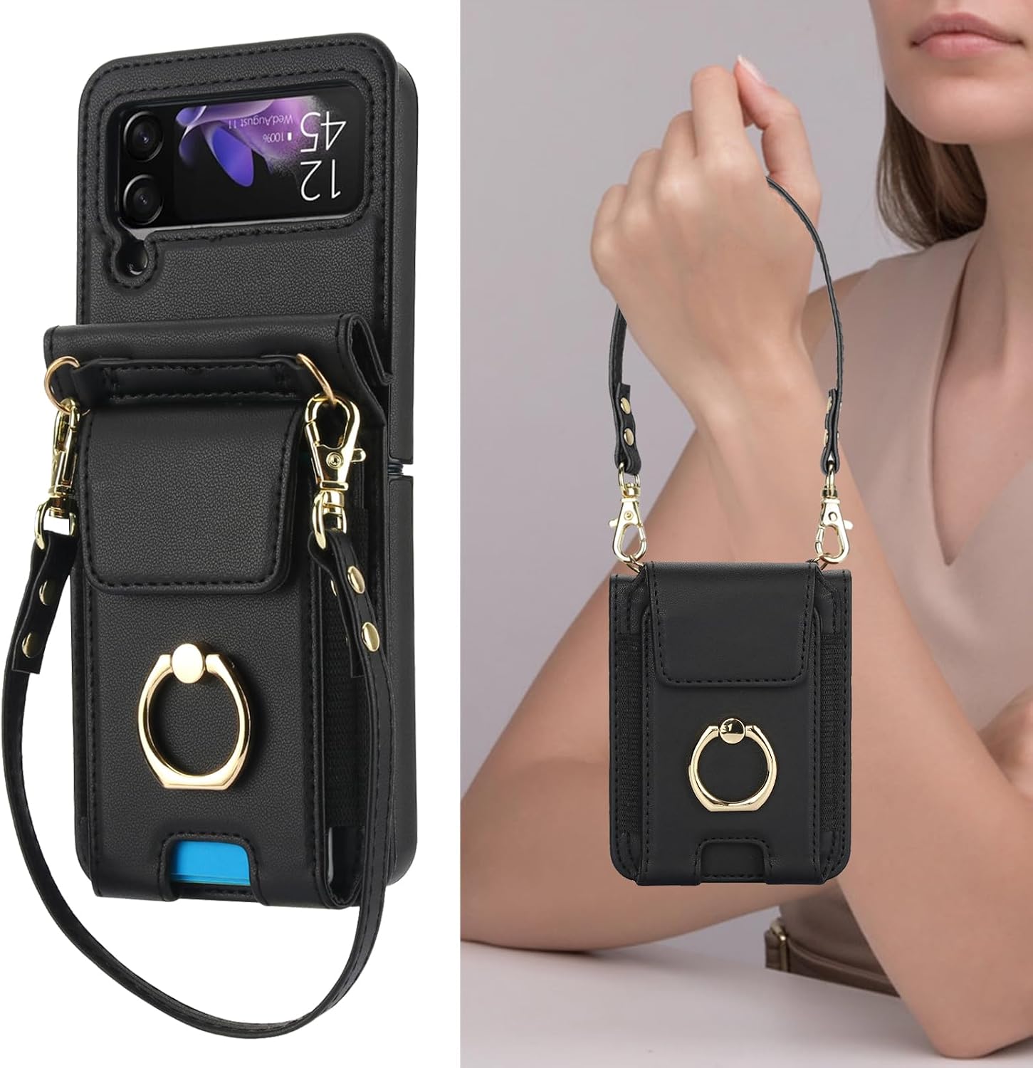 Asuwish Phone Case for Samsung Galaxy Z Flip 3 5G 2021 Wallet Cover with Ring Crossbody Wrist Strap Lanyard Credit Card Holder Slot Cell Leather Purse ZFlip3 Z3 Flip3 3Z Women Men Girls Black