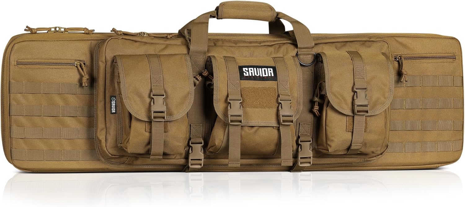 Savior Equipment American Classic Tactical Double Long Gun Bag Pistol Transportation Case w/Backpack Strap, Lockable Compartment, Available Length in 32" 36" 42" 46" 51" 55" Flat Dark Earth Tan 46" x 12" Double Rifle Case Rifle Case