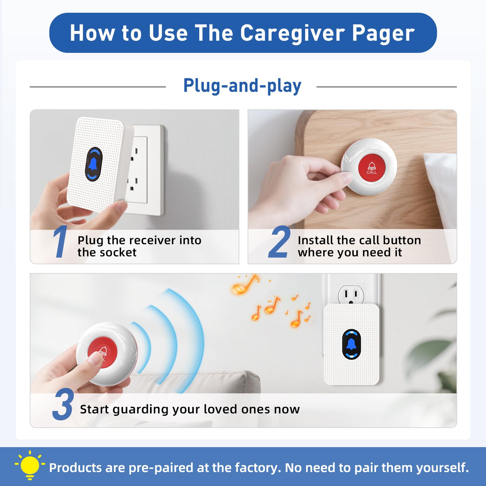 DAYTECH Allarmi personali wireless per anziani, pulsante di chiamata per anziani, allarme da polso, pulsante antipanico, campanello per pazienti disabili domestici, anziani, con 1 ricevitore plug-in