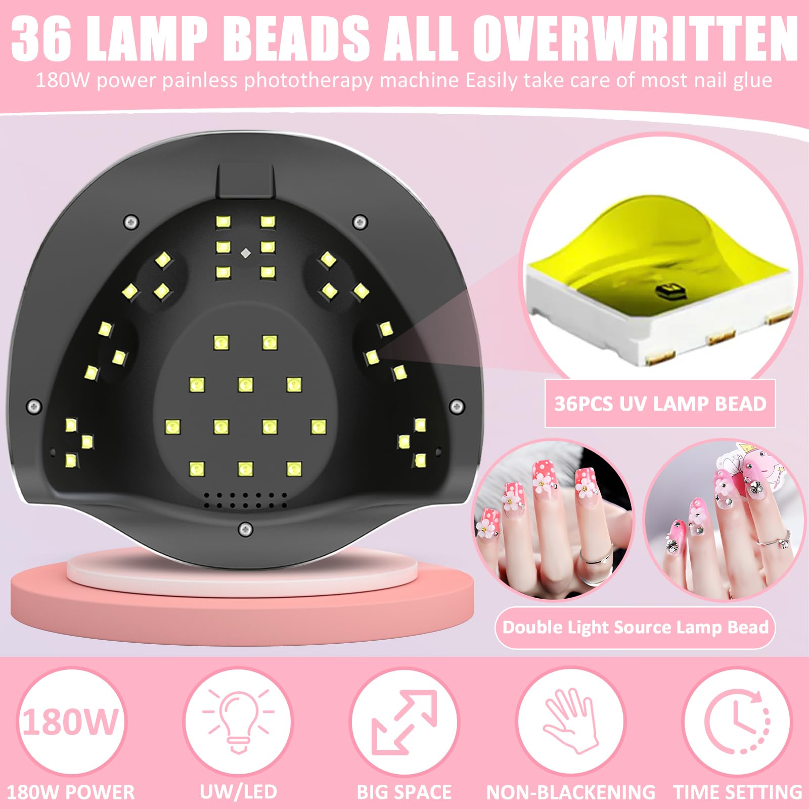 FrashengLampa suszarki paznokci 180 W, LED UV do paznokci, nowa konstrukcja ucha kota, profesjonalna lampa lakieru do paznokci
