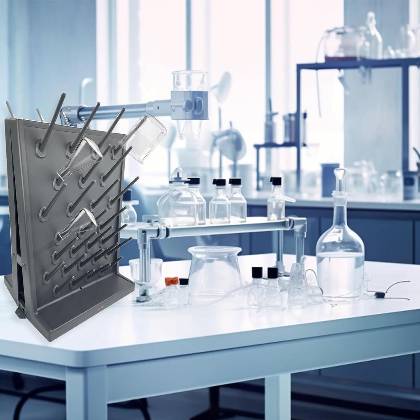 Scolapiatti da laboratorio con 52 picchetti per asciugatura e drenaggio efficienti nei laboratori scolastici