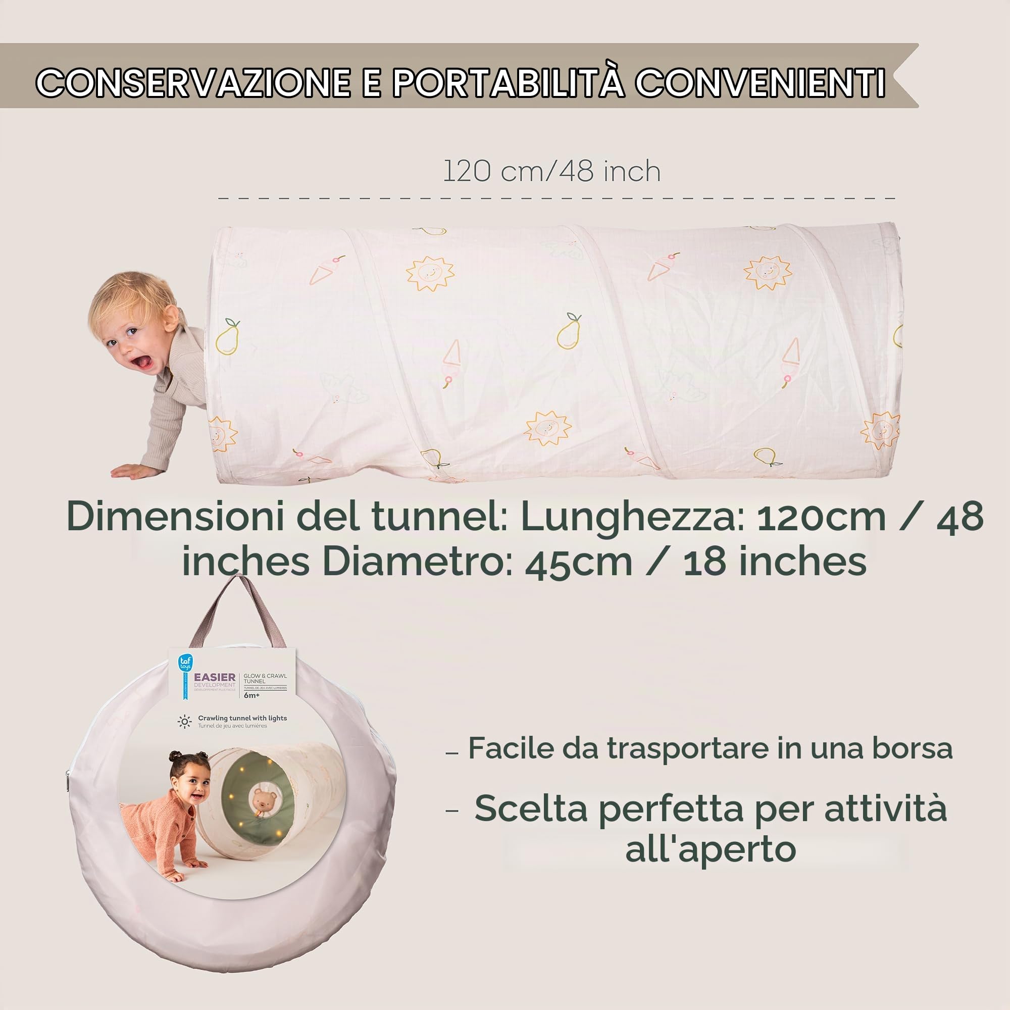 Tunnel Gioco Evolutivo per Bambini – 120 cm con Cerchio Luminoso Spostabile, Peluche Orsetto, Pieghevole con Borsa da Trasporto – Sviluppo Motorio ed Esplorazione – Dai 6 Mesi