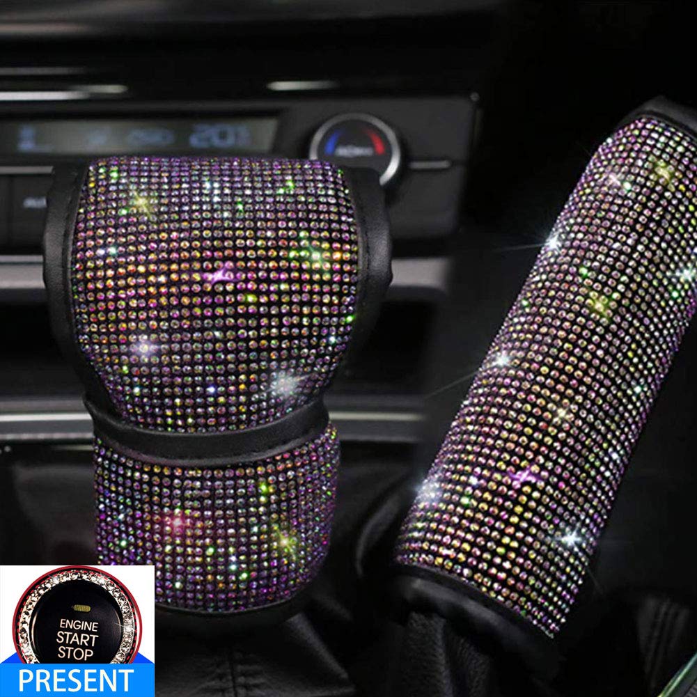 QINU 2 Pcs Bling Bling Crystal Rhinestones Car Shift Gear Cover & Handbrake Cover, Luster Crystal Diamond Car Decor Accessories for Women (Colorful - Shift Gear Cover & Handbrake Cover)