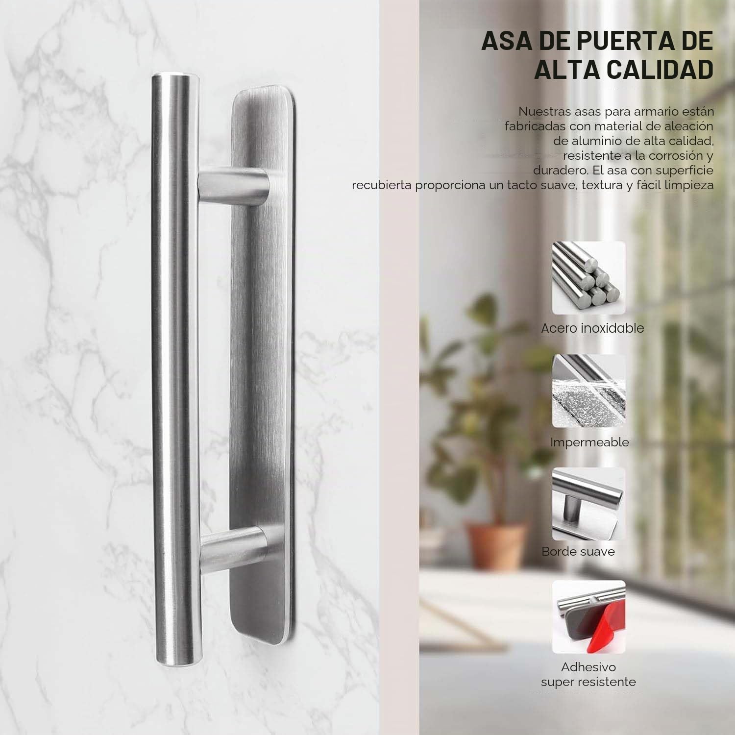 Tiradores Armarios 2 Piezas, Tiradores Cajones de Acero Inoxidable, Tiradore Cocina 148mm, Manija Autoadhesiva para Muebles Puerta y Ventana Baños, Plateados