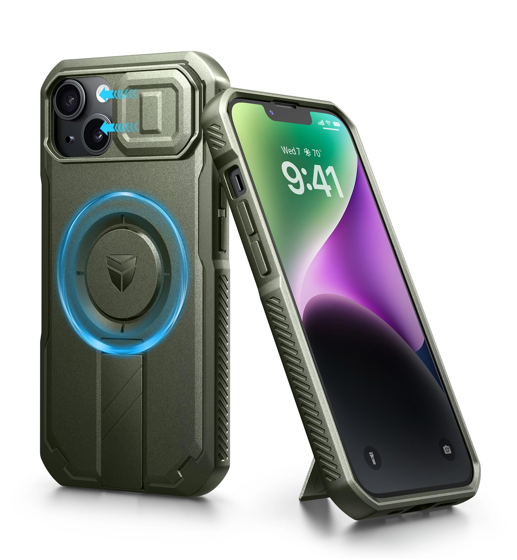 Coque iPhone 13/14 antichoc Dexnor vert militaire avec support - 8