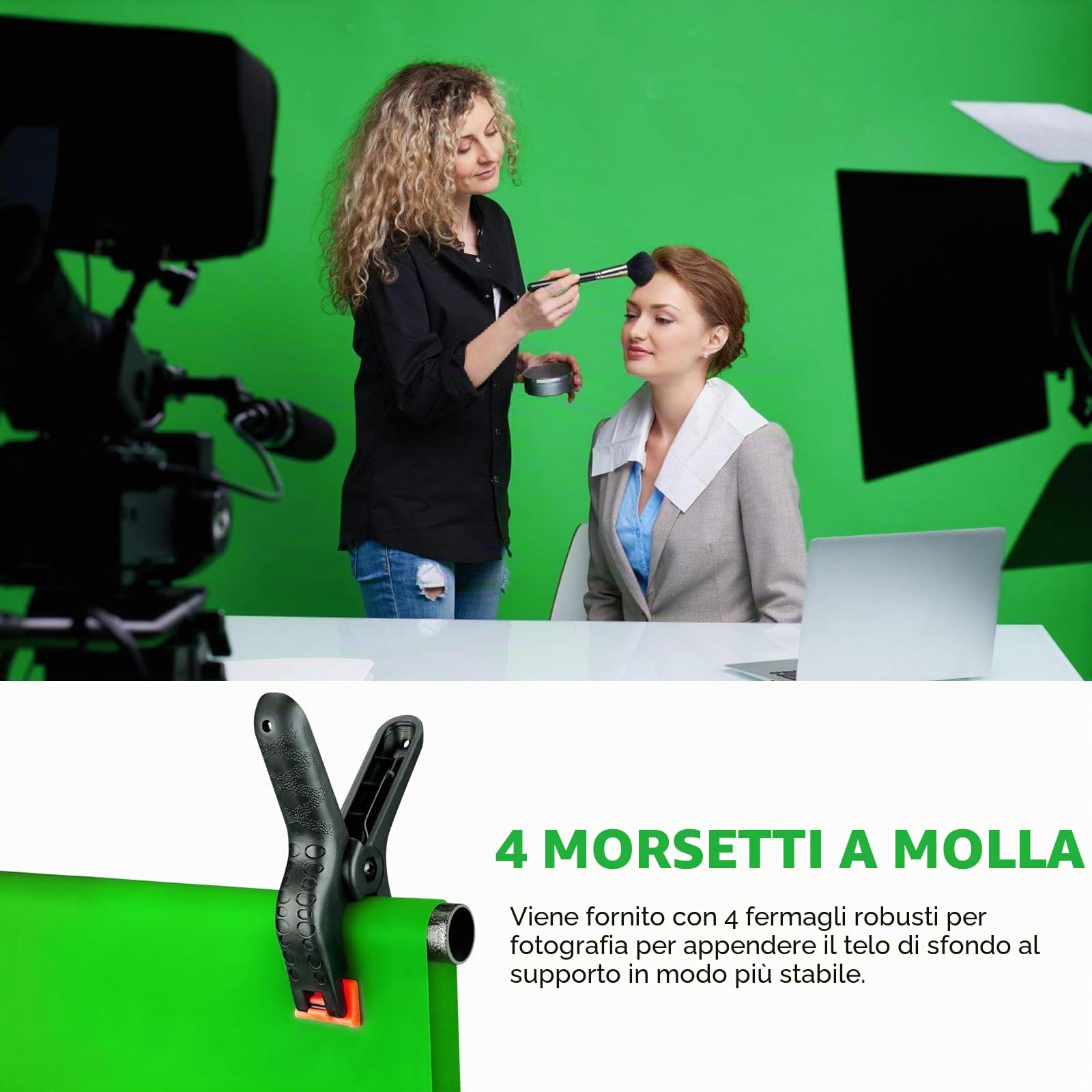 Green Screen Background 200 x 300 cm - Sfondo fotografico a schermo verde, lavabile con 6 morsetti, per foto e video