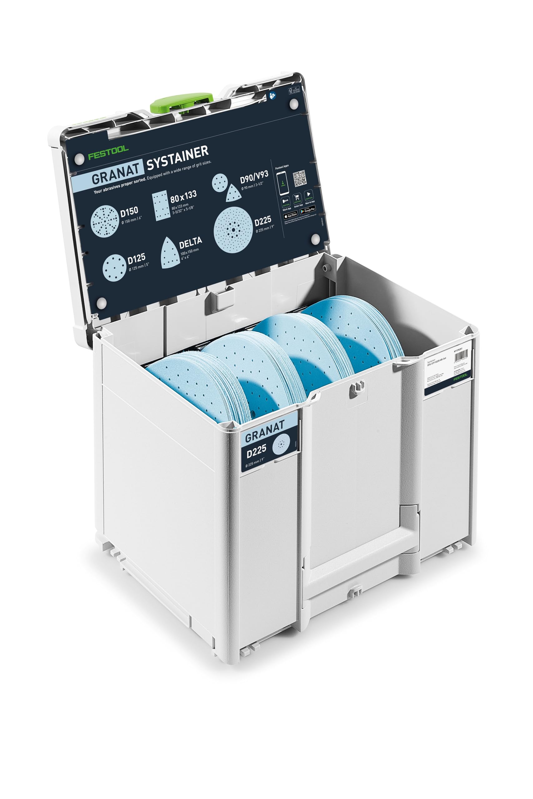 Festool Set de abrasivos granate SYS-STF D225 para lijadora de cuello largo | Systainer con 110 discos abrasivos en P80 a P320 para pinturas VOC, espátulas, rellenos, plásticos y materiales minerales