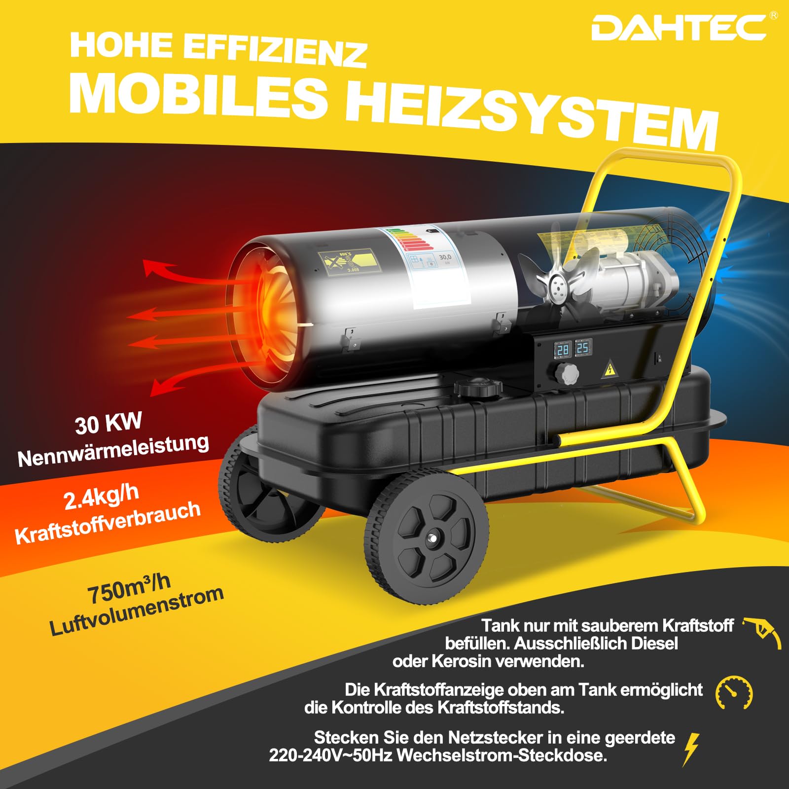 30 kW Heizkanone Diesel Bautrockner, Großtank Bauheizer, 750 m³/h Heizgebläse mit Thermostat, Ölbeheizung Heizlüfter für Werkstätten, Baustellen und landwirtschaftliche Betriebe