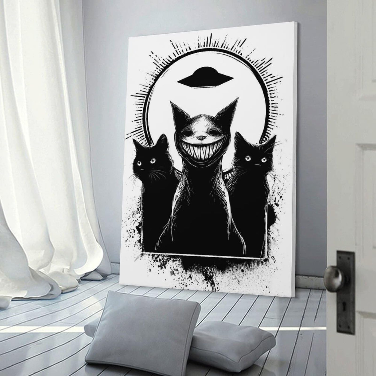 Junmoney Creepy Cats And UFO Canvas Art Print 20x30inch(50x75cm), for Front Hall, Corridor Or Welcome Spaces, Home Artwork for First Impressions