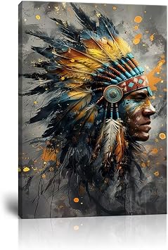 Native American Chief Feathered Oil Painting Colorful Indian Canvas Wall Art Retro Wall Decor for Bedroom Bathroom Home Decorations Framed18" x 24"