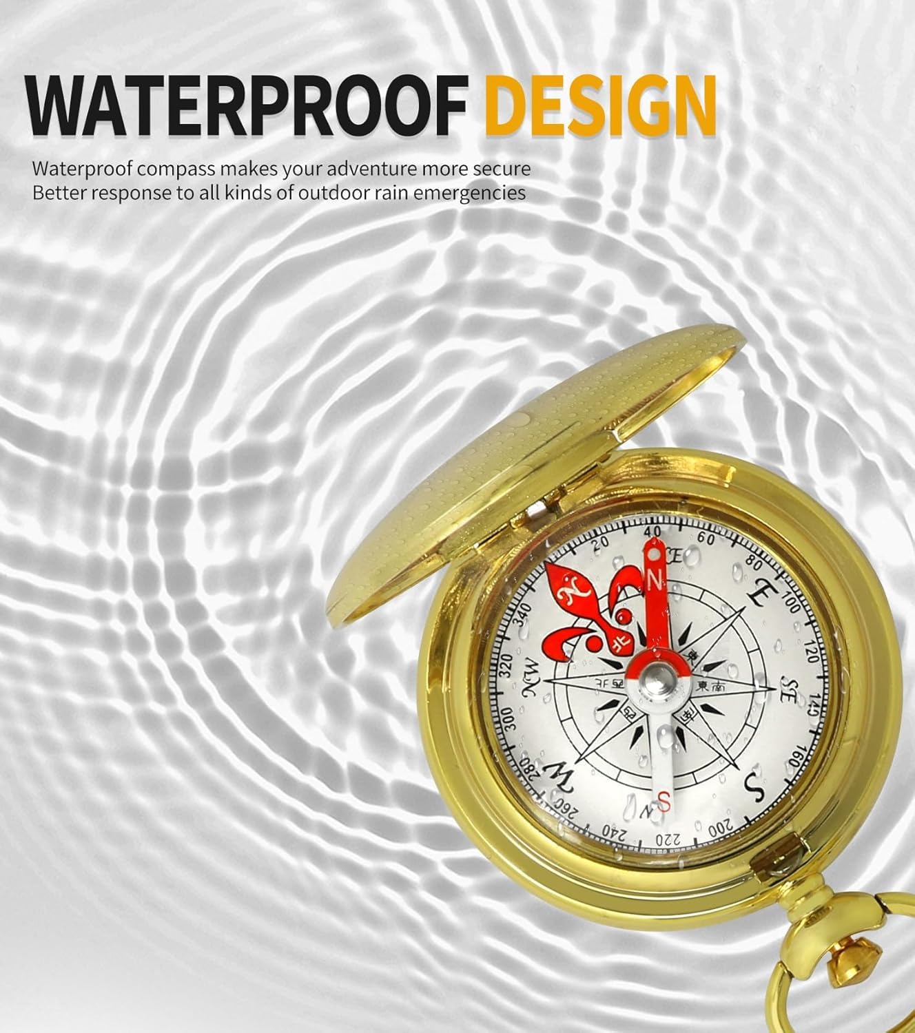 HKSWUTKW Brass Waterproof Golden Keychain Compass - Vintage Antique Design for Kids, Boy Scouts & Hiking - Survival Orienteering & Navigation Gear