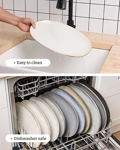 Miniatura 9 de Famiware Juego de platos y cuencos redondos oceánicos, juegos de vajilla de 15 piezas para 4, 3 platos ovalados para servir, color blanco vainilla